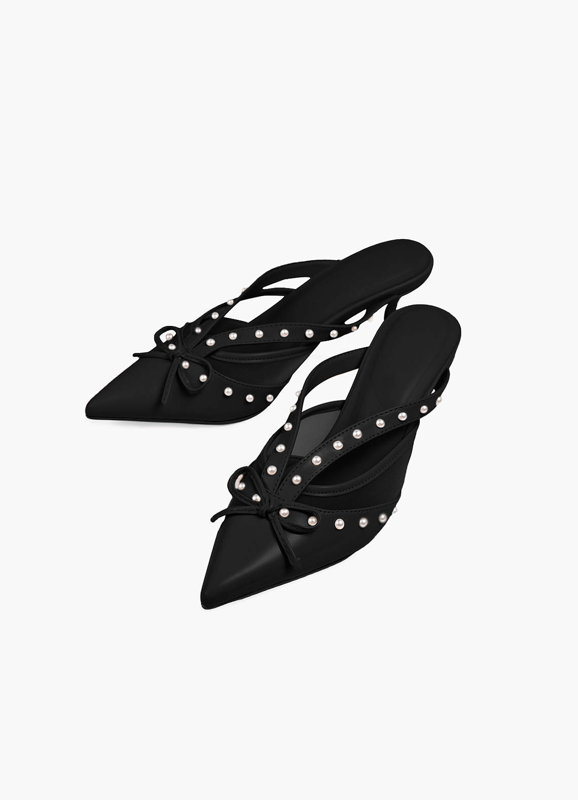 front Pearl and Bow Pointed Toe Kitten Heels