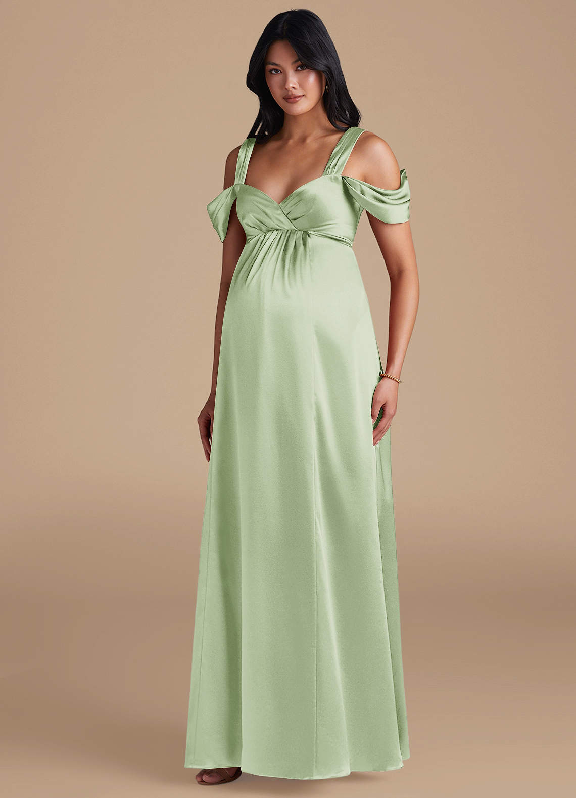 Azazie Rhea Vestidos de dama de honra para maternidade Vestir Linha A Plissado Comprimento do chão Cetim Metálico image1