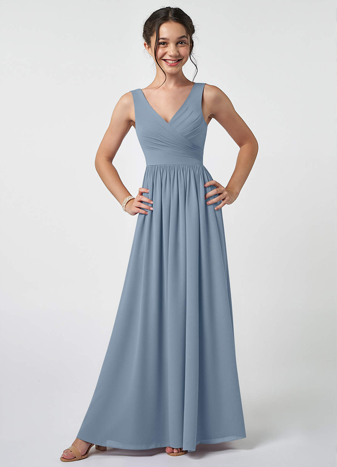 Azazie Keyla Junior Dusty Blue A-Line Pleated Chiffon Dress image1