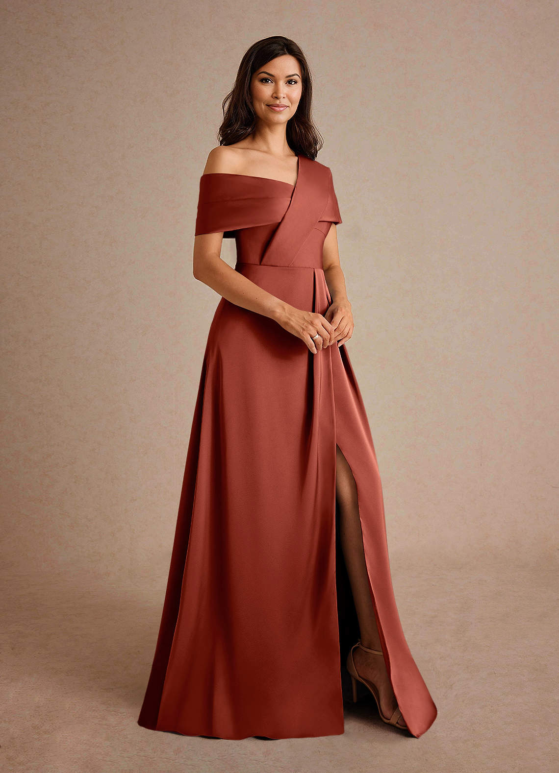 Azazie Milton Terracotta A-Line Pleated Stretch Satin Dress