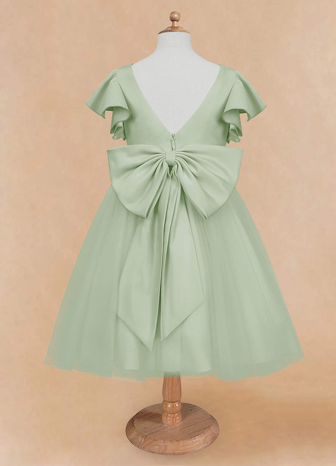 Azazie Kaeya Robe Demoiselle D'honneur Fillette Robe Trapèze en Tulle Arc Vert Sauge image5