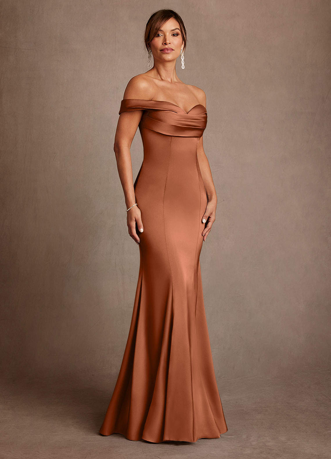 Azazie Boone Copper Mermaid Off the Shoulder Stretch Satin Dress | Azazie