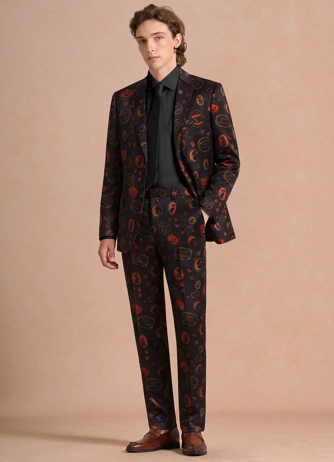 front Caleb Black Vintage Halloween Print Suit