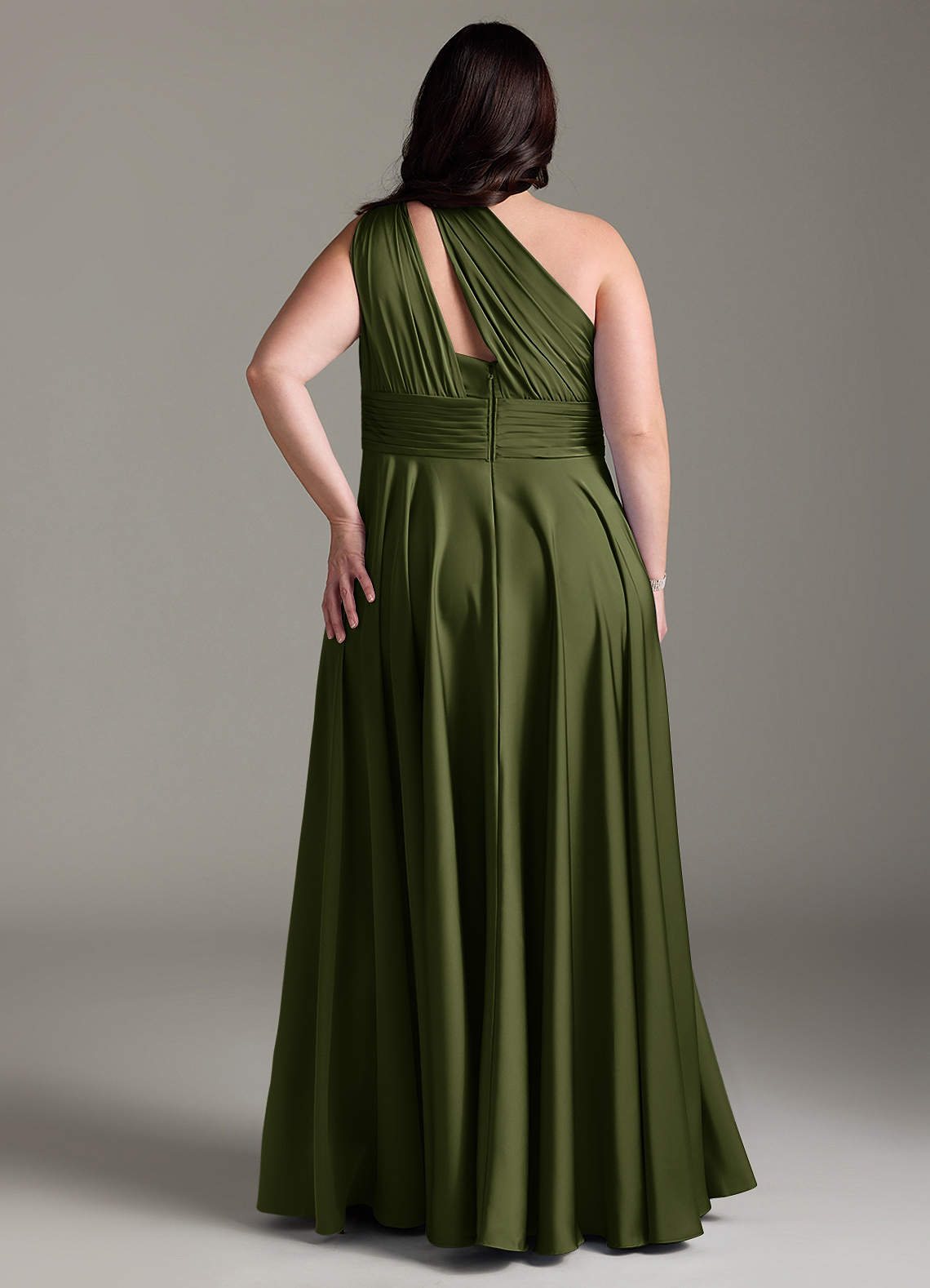 Azazie Charlize Bridesmaid Dresses Olive A-Line One Shoulder Stretch Satin Dress image9