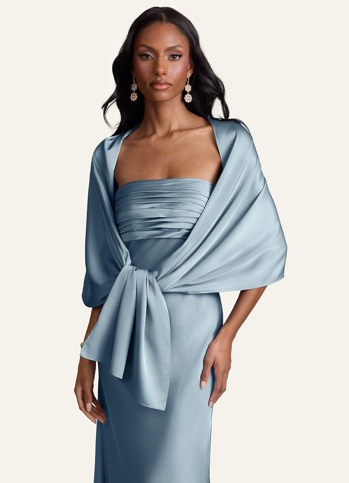front Azazie Matching Color Aleena Stretch Satin Shawl