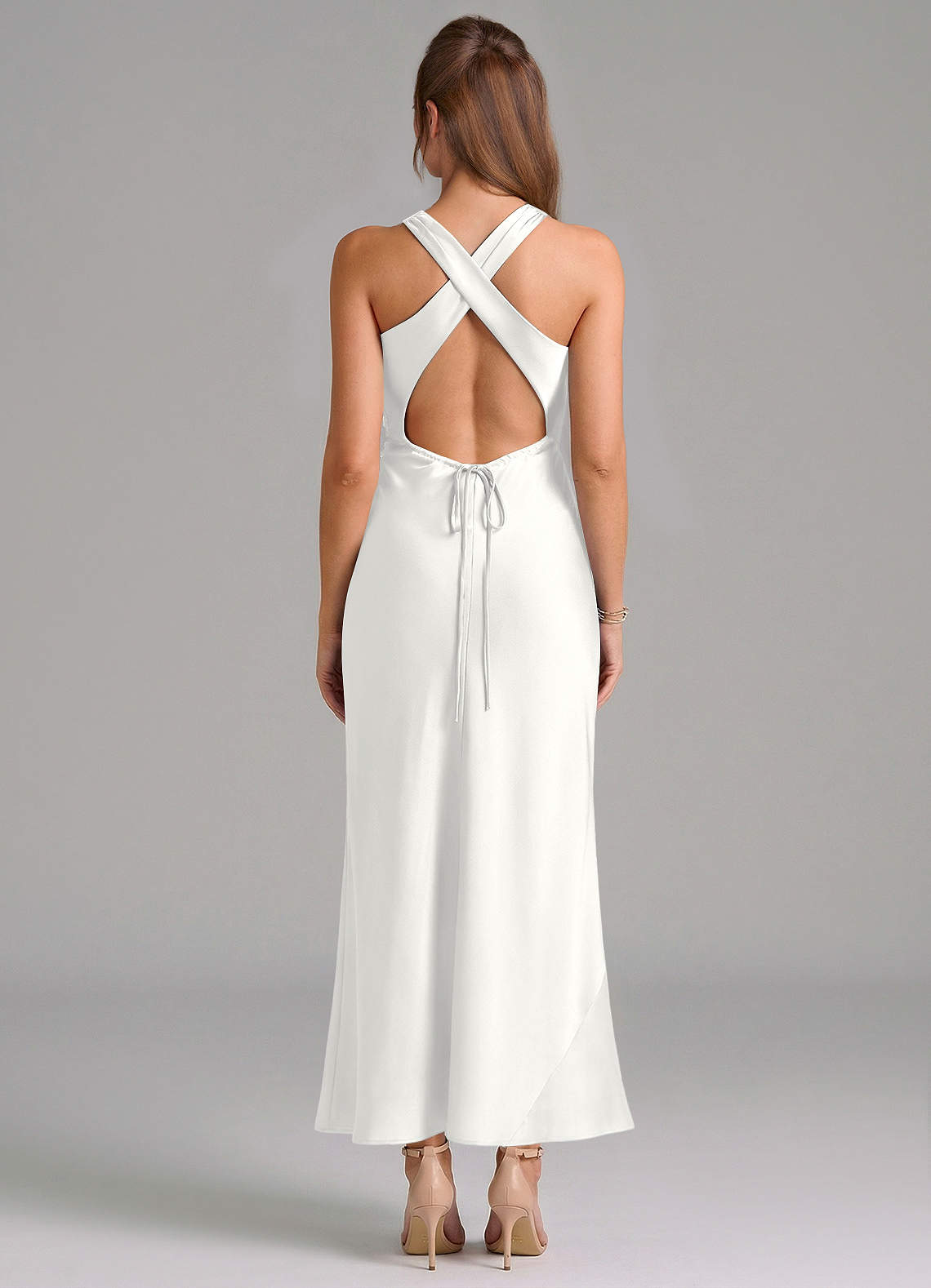 Azazie Evadne Bridesmaid Dresses White Sheath Pleated Stretch Satin Dress image4