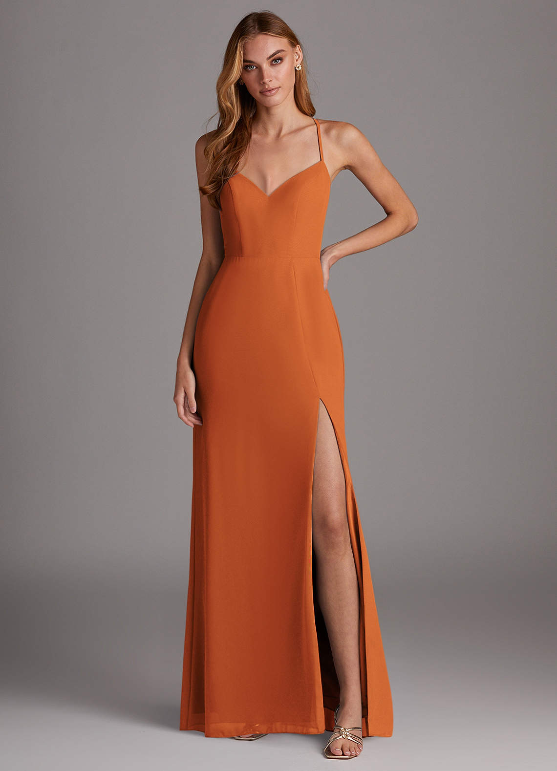 Azazie Manila Bridesmaid Dresses Cinnamon Sheath V-Neck Chiffon Dress image1