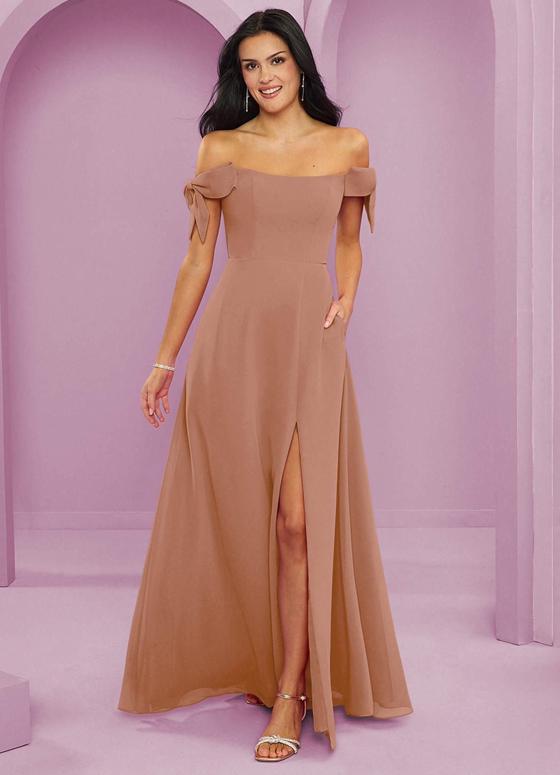 Barbie ♥ Azazie Bridesmaid Dresses Champagne Rose A-Line Off the Shoulder Chiffon Convertible Dress image1