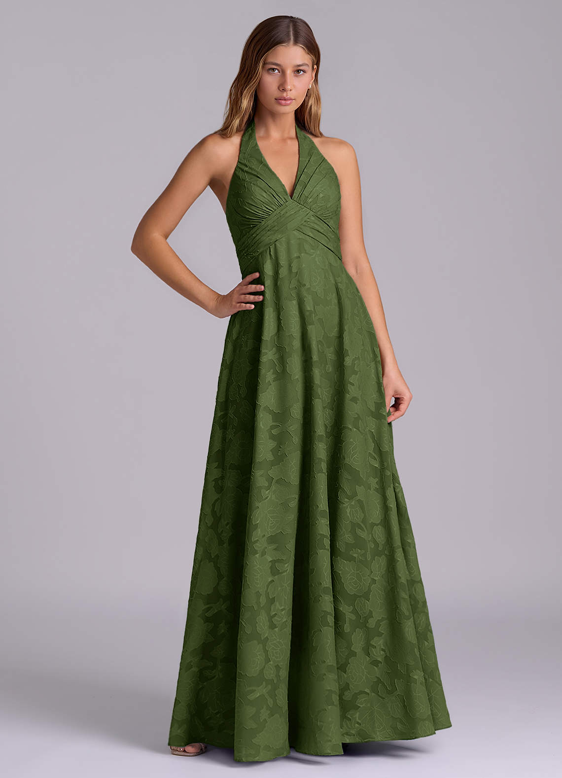 Azazie A-Line Halter Neck Floor-Length Floral Burnout Bridesmaid Dresses
