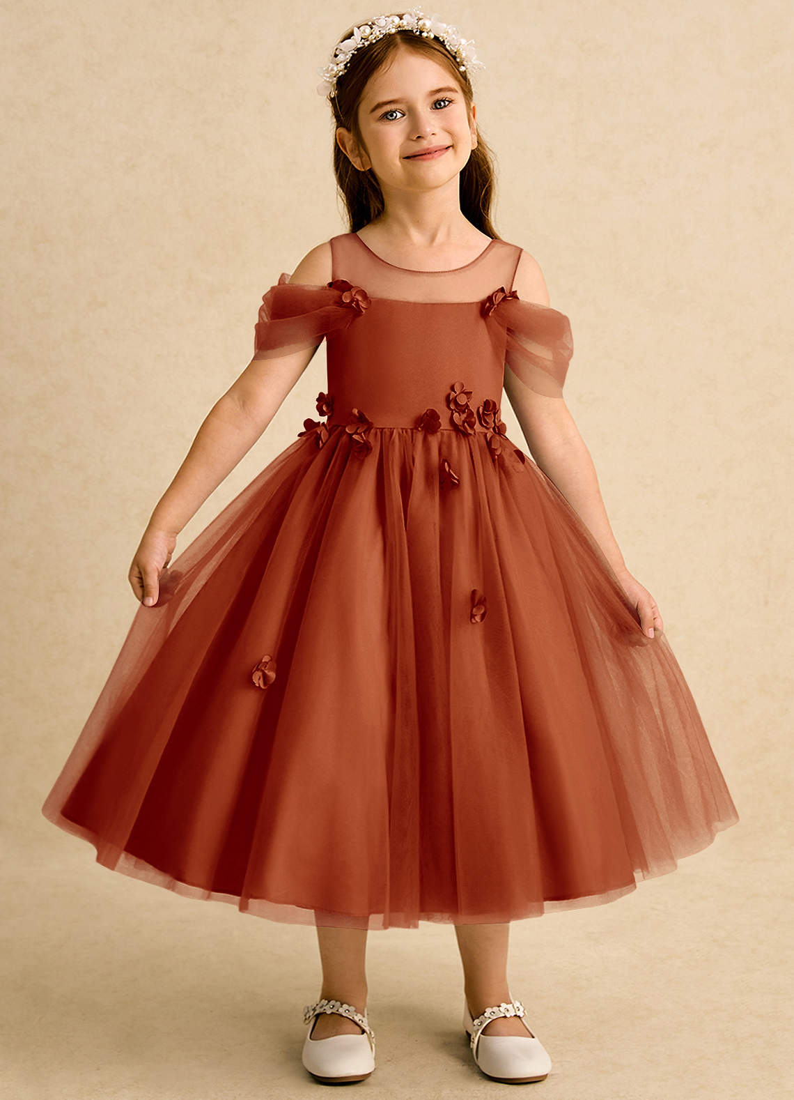 Azazie Juni Robe Demoiselle D'honneur Fillette Robe Princesse en Tulle Plissée Paprika image1