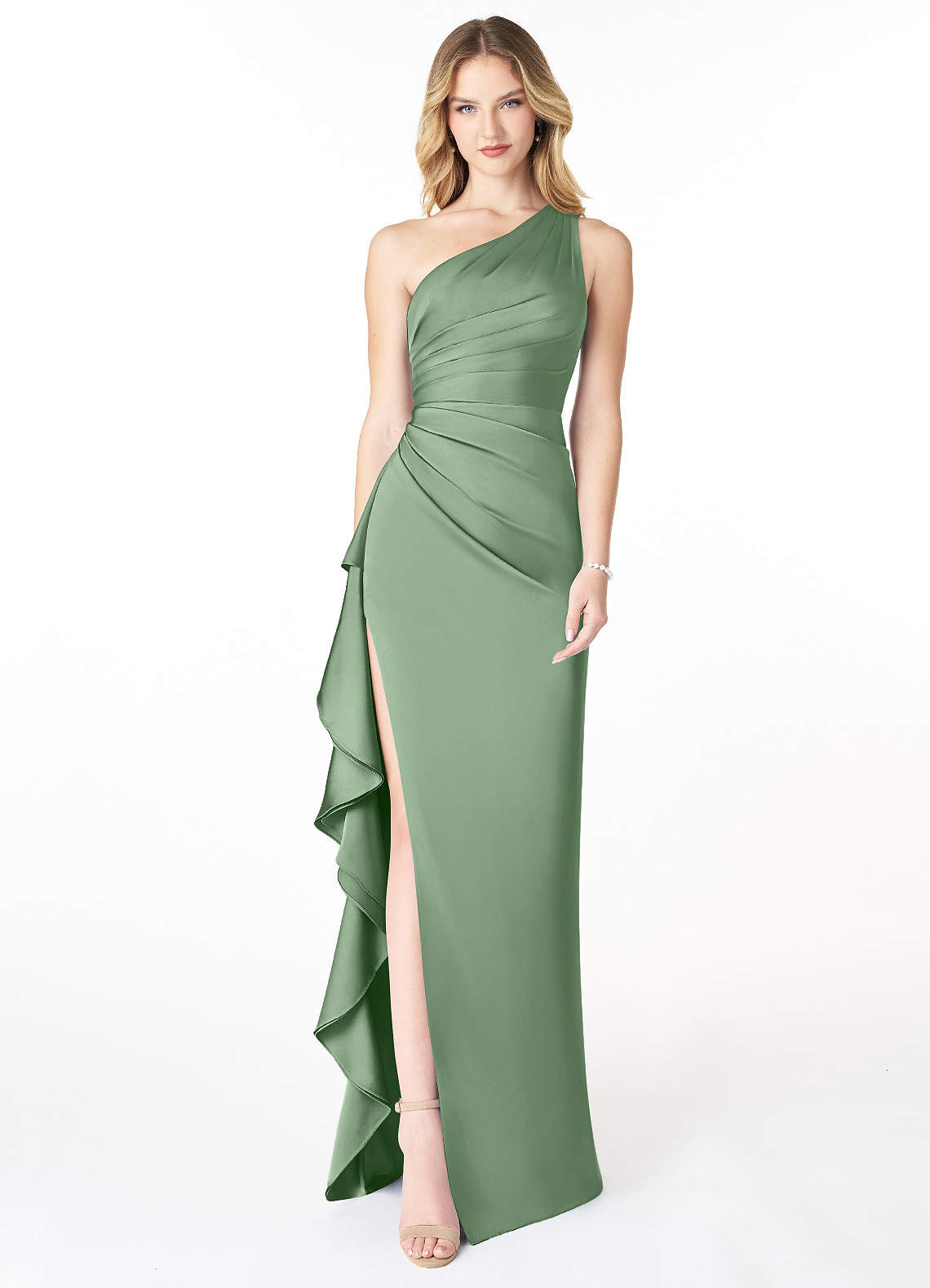 Azazie Latrice Bridesmaid Dresses Matcha Sheath One Shoulder Cascading Ruffles Stretch Satin Dress image1