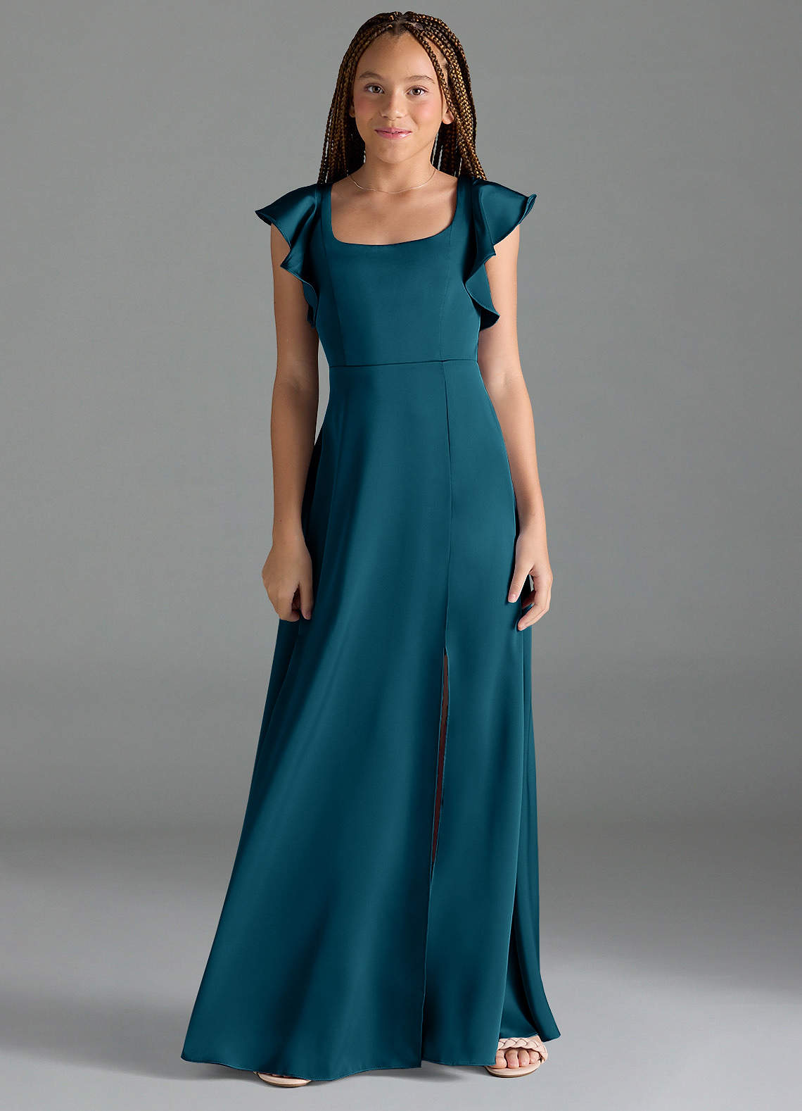 Azazie Bondi Junior Ink Blue A-Line Side Slit Stretch Satin Dress image1