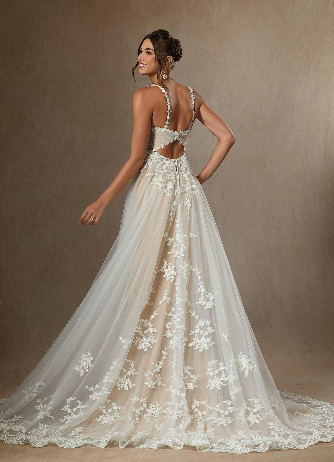 Azazie Devi Wedding Dresses Diamond White Champagne A-Line V-Neck Lace Tulle Dress image2