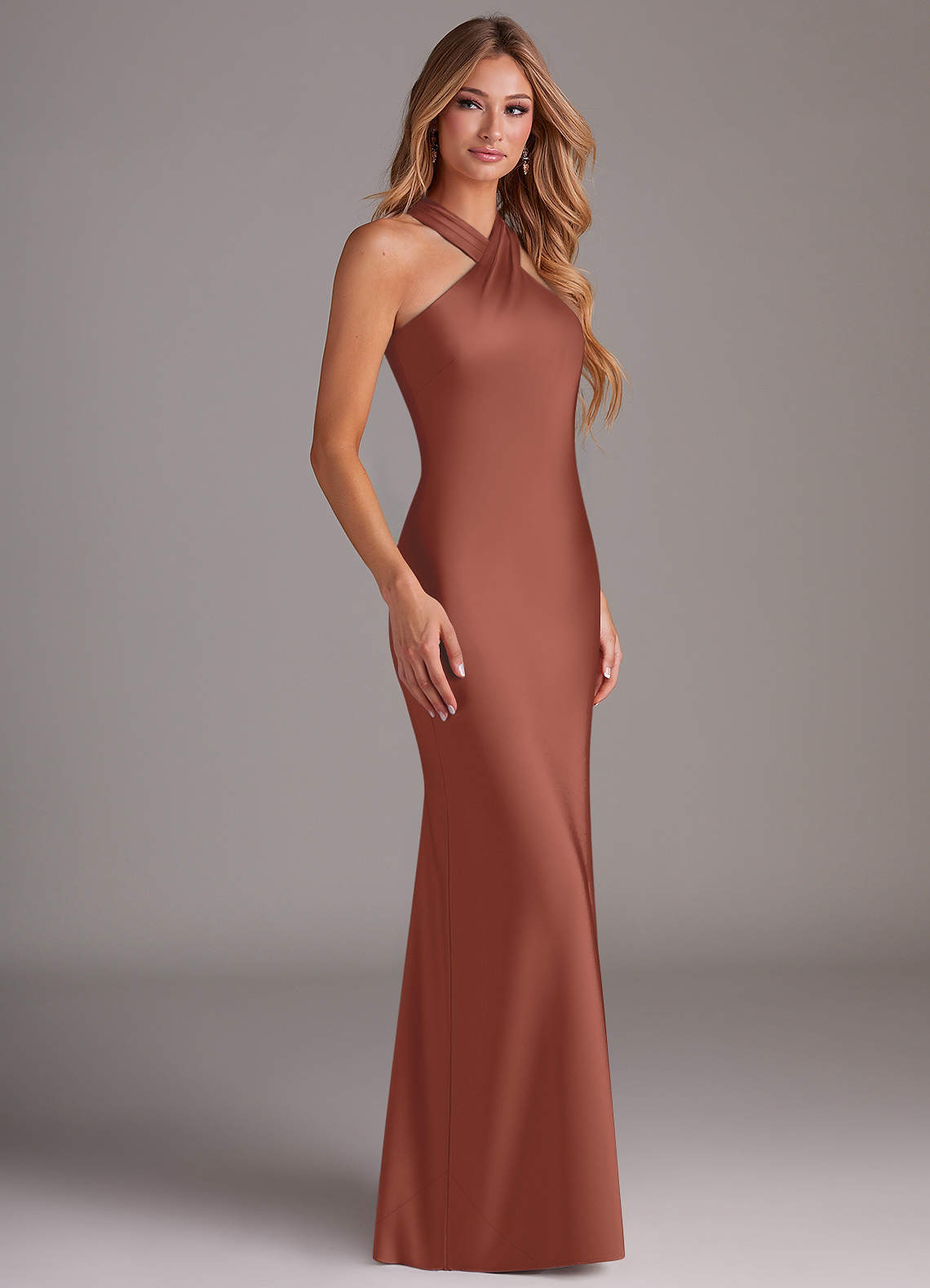 Azazie Doretta Bridesmaid Dresses Auburn Mermaid Pleated Stretch Satin Dress image2