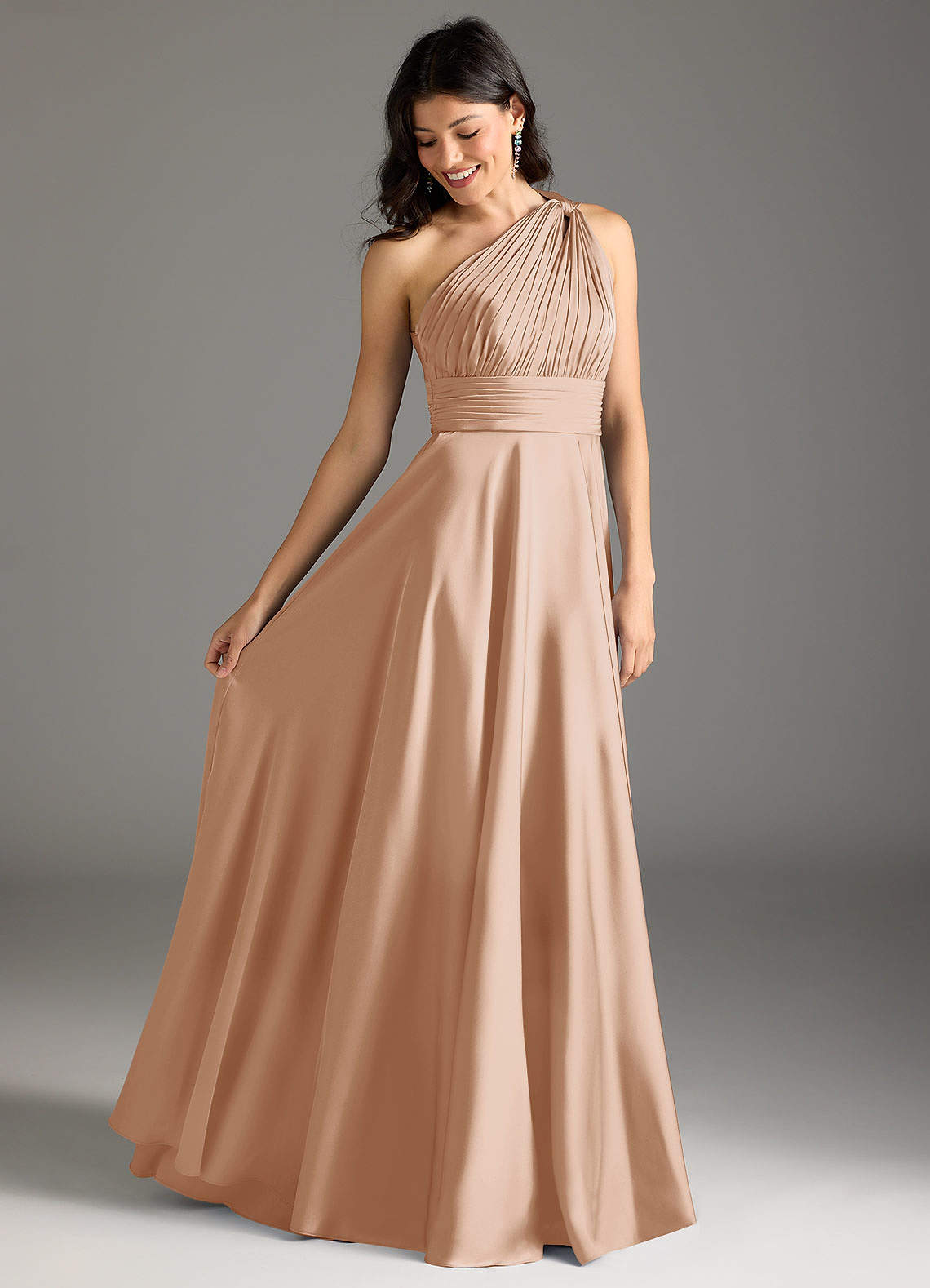 Azazie Charlize Bridesmaid Dresses English Rose A-Line One Shoulder Stretch Satin Dress image1