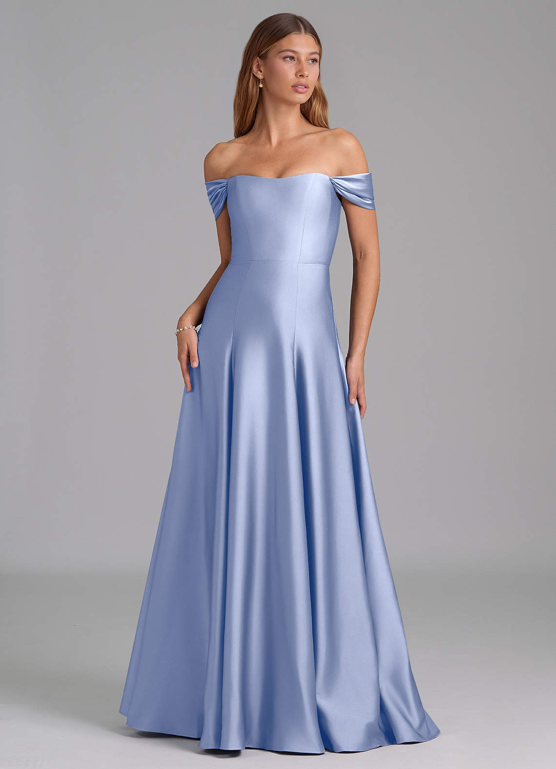 Azazie Seriana Bridesmaid Dresses Ice A-Line Off the Shoulder Stretch Satin Convertible Dress image1