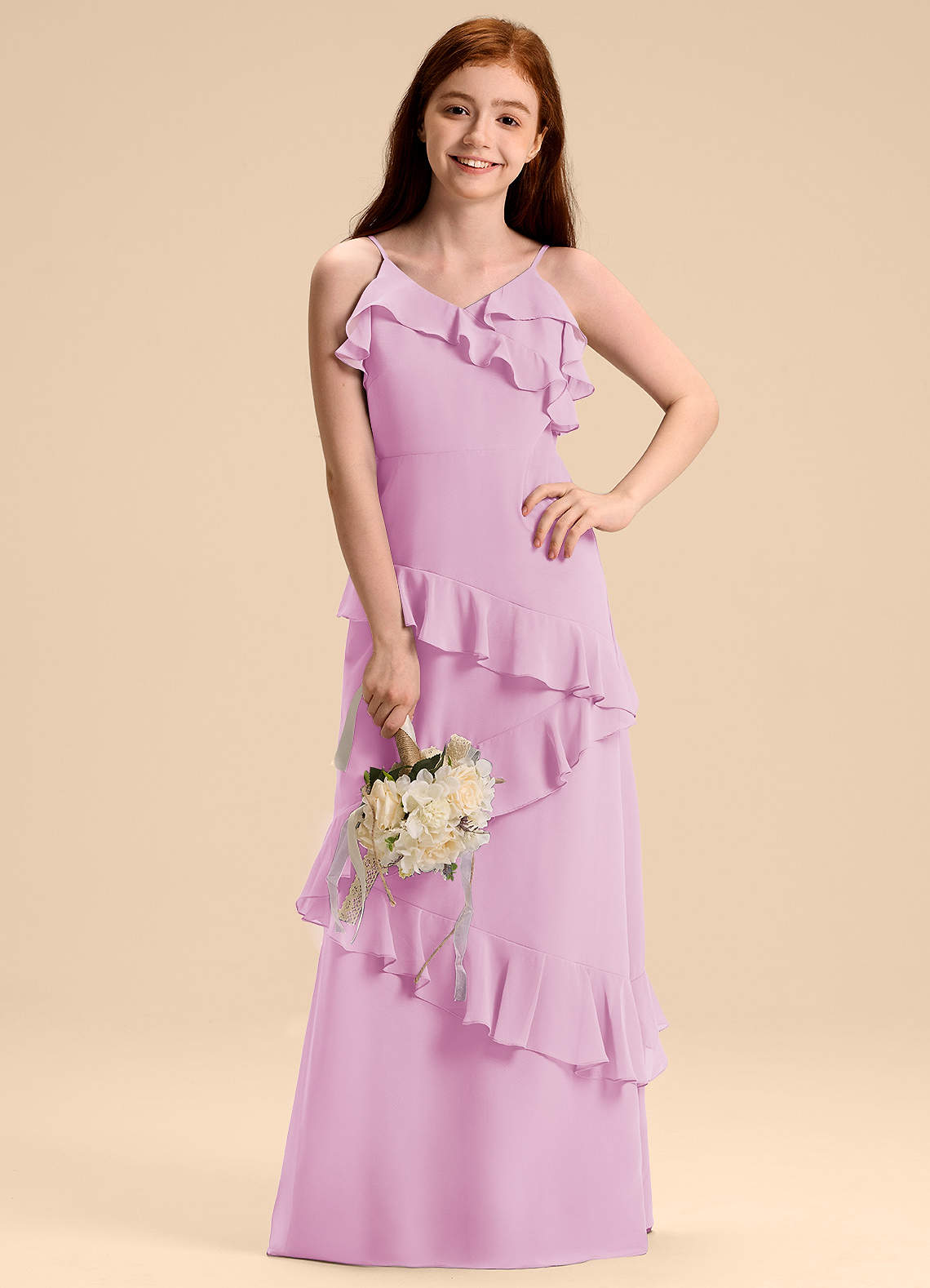 Azazie Evara Junior Vestido de Rosa Caramelo de Gasa de Corte en A image1