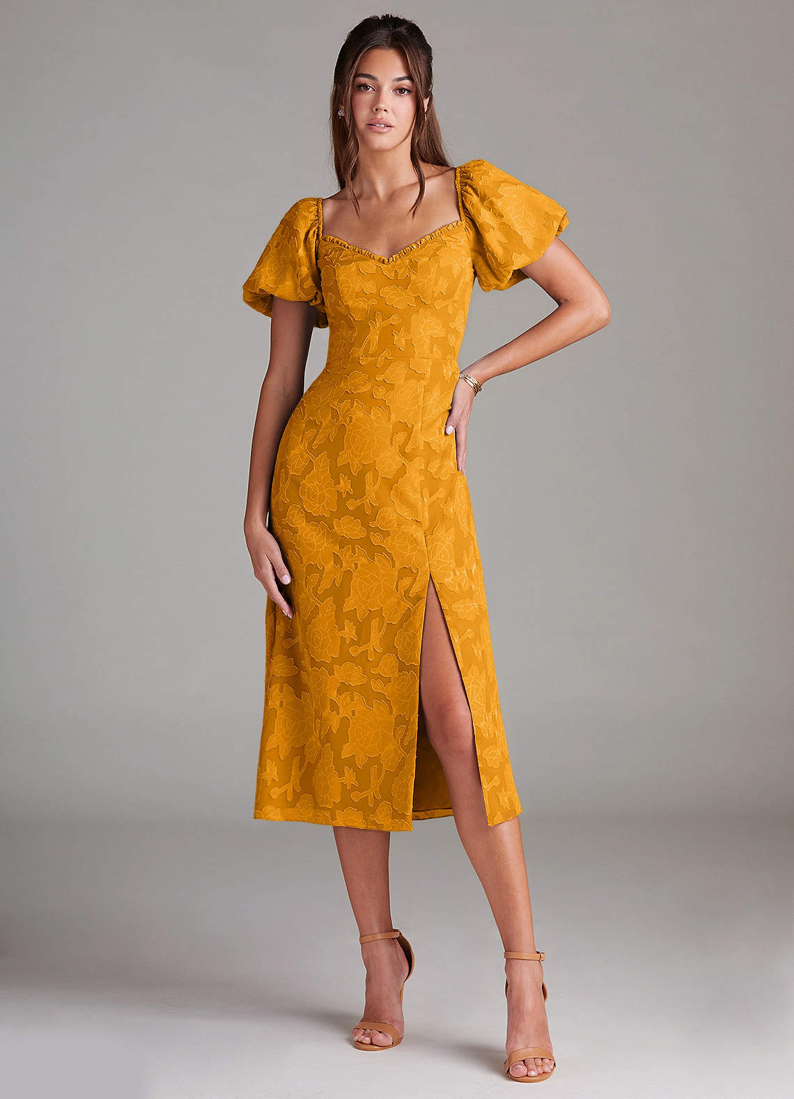 Azazie Evalina Bridesmaid Dresses Butterscotch Sheath Floral Burnout Dress image1