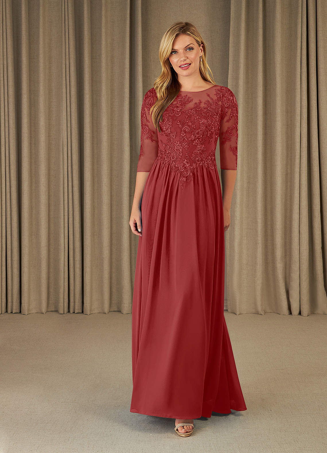 Azazie Mirielle Mother of the Bride Dresses Rust A-Line Scoop Lace Chiffon Dress image1