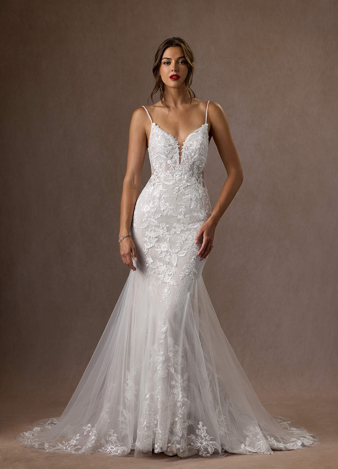 Azazie Leonie Wedding Dresses Diamond White Mermaid V-Neck Sequins Tulle Dress image5