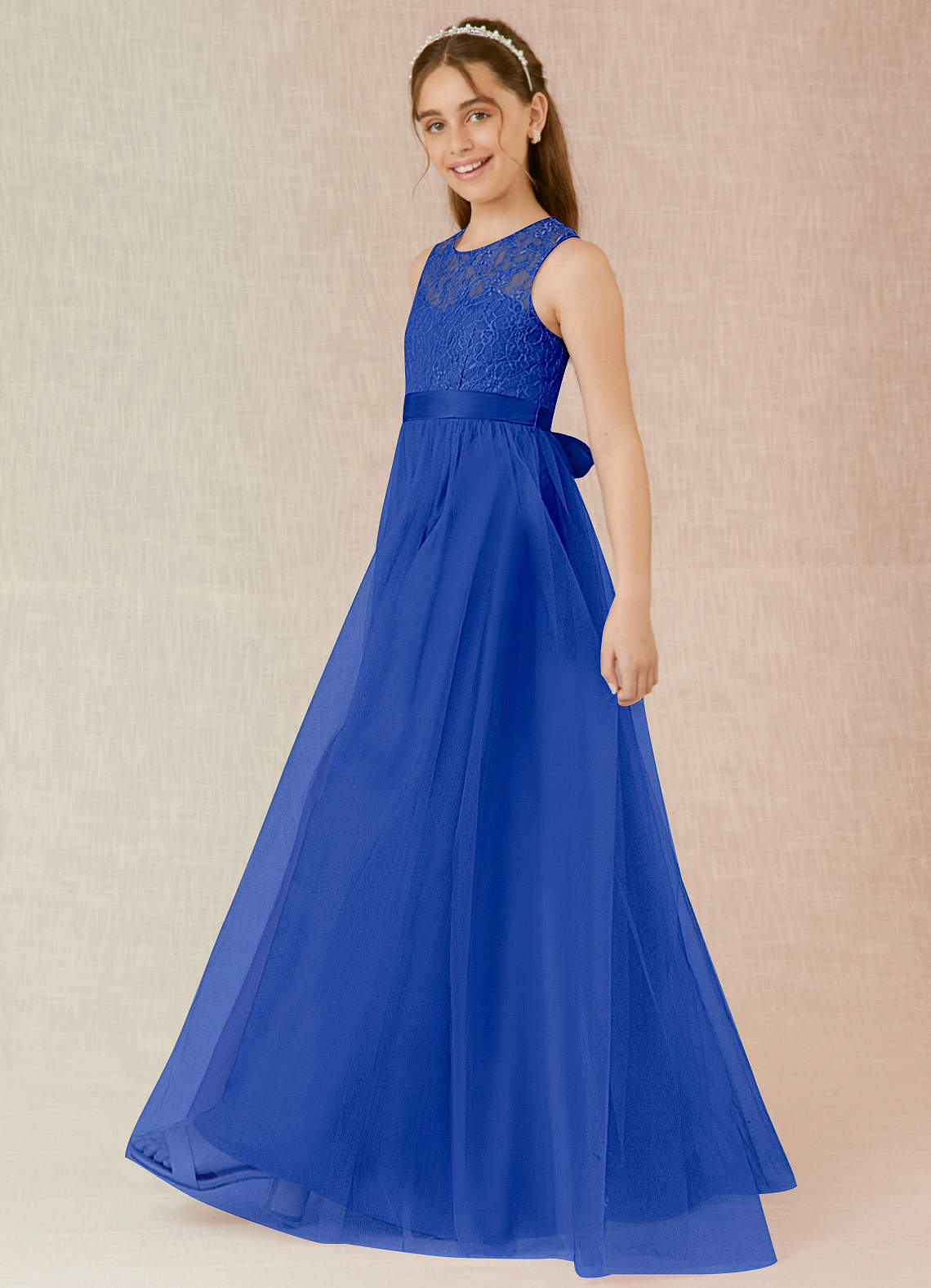 Azazie A-Line/Princess Scoop Neck Floor-Length Tulle Junior Bridesmaid Dresses - Royal Blue