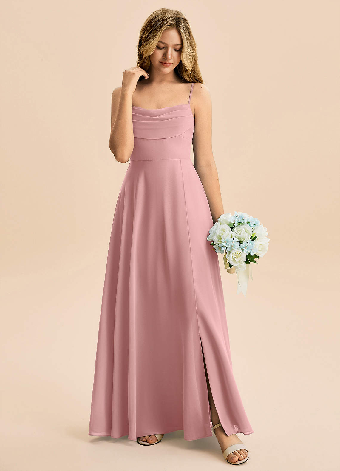 Azazie Bear Junior Dusty Rose A-Line Pleated Chiffon Dress image2