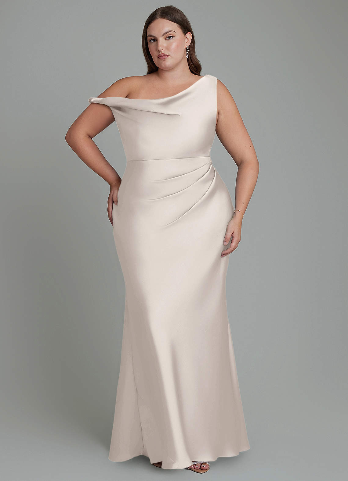 Azazie Emerson Bridesmaid Dresses White Alabaster Mermaid Off the Shoulder Stretch Satin Dress image1