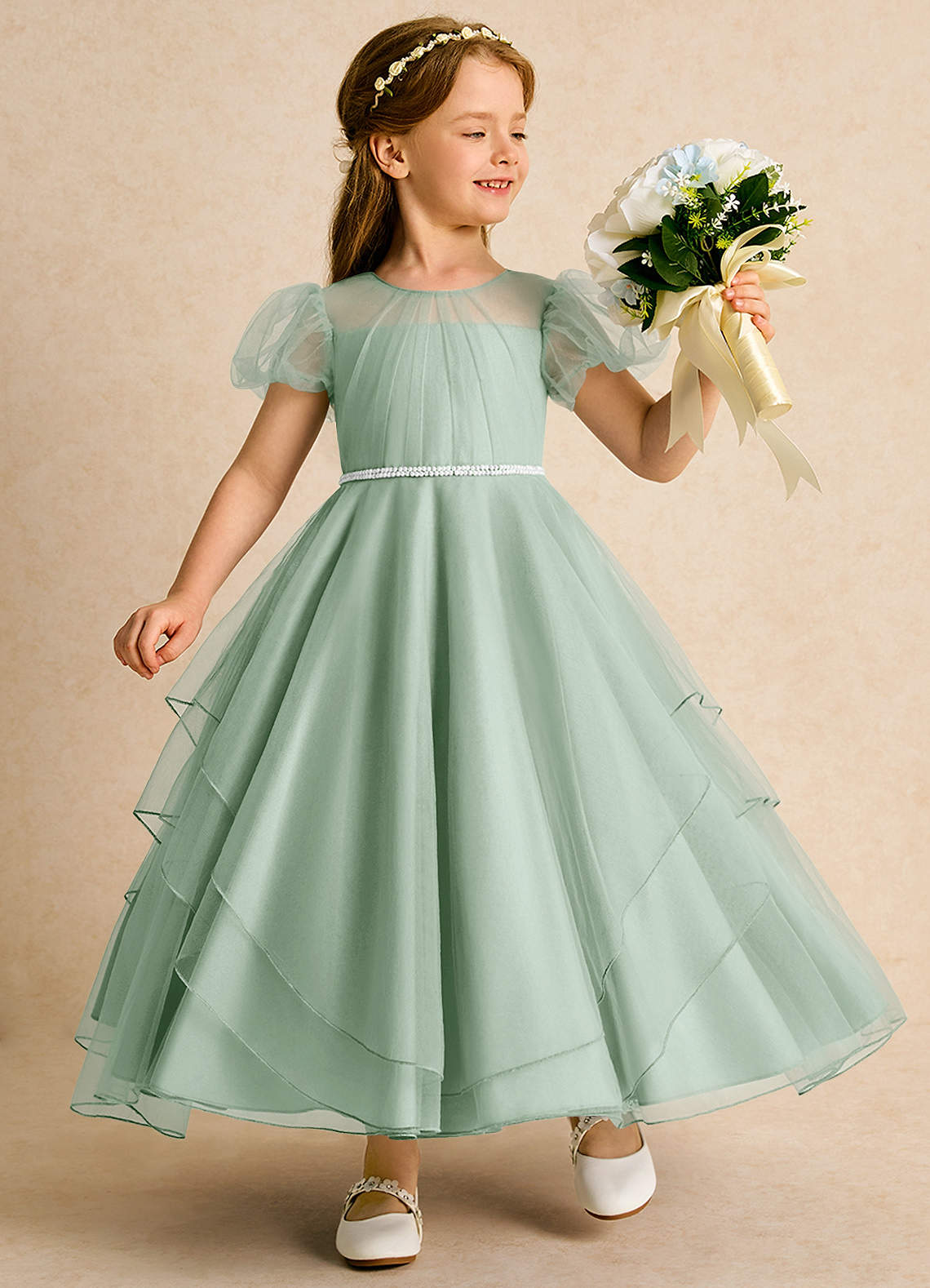 Azazie Ball-Gown Scoop Neck Ankle-Length Tulle Flower Girl Dresses - Agave
