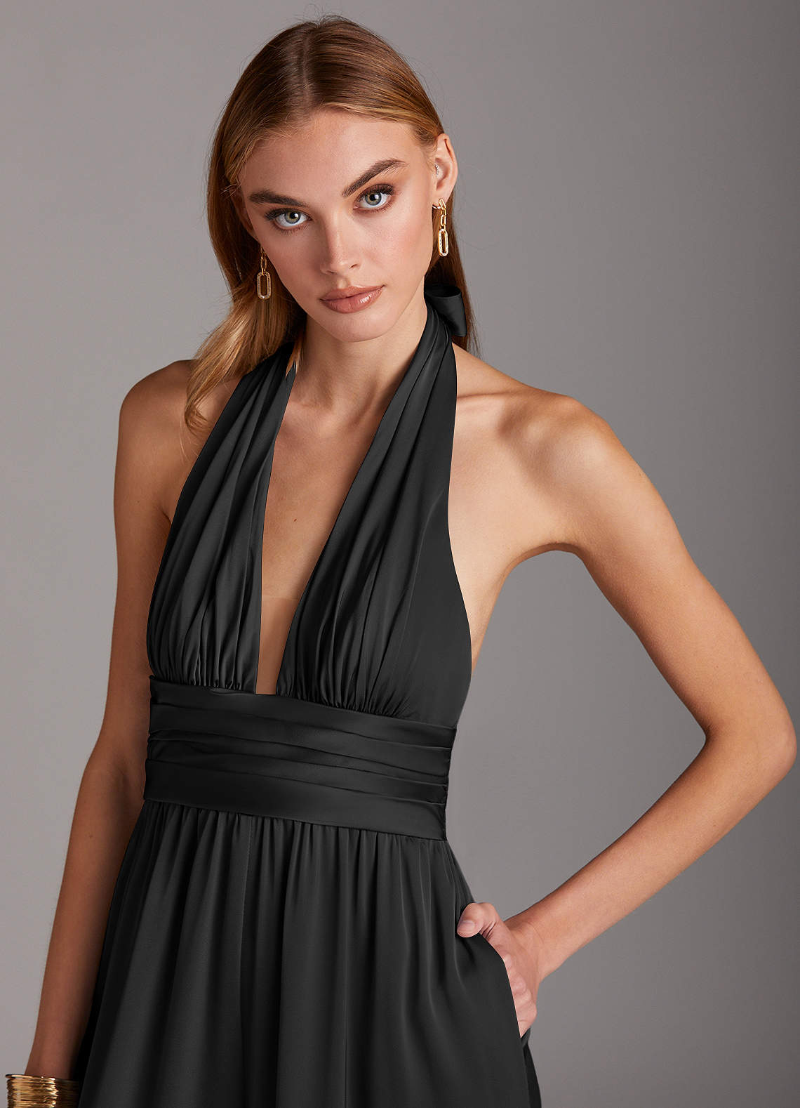 Azazie Jumpsuit V-Neck Floor-Length Stretch Satin Bridesmaid Dresses - Black Azazie Oli Stretch Satin Jumpsuit Black Bridesmaid Dresses | Azazie