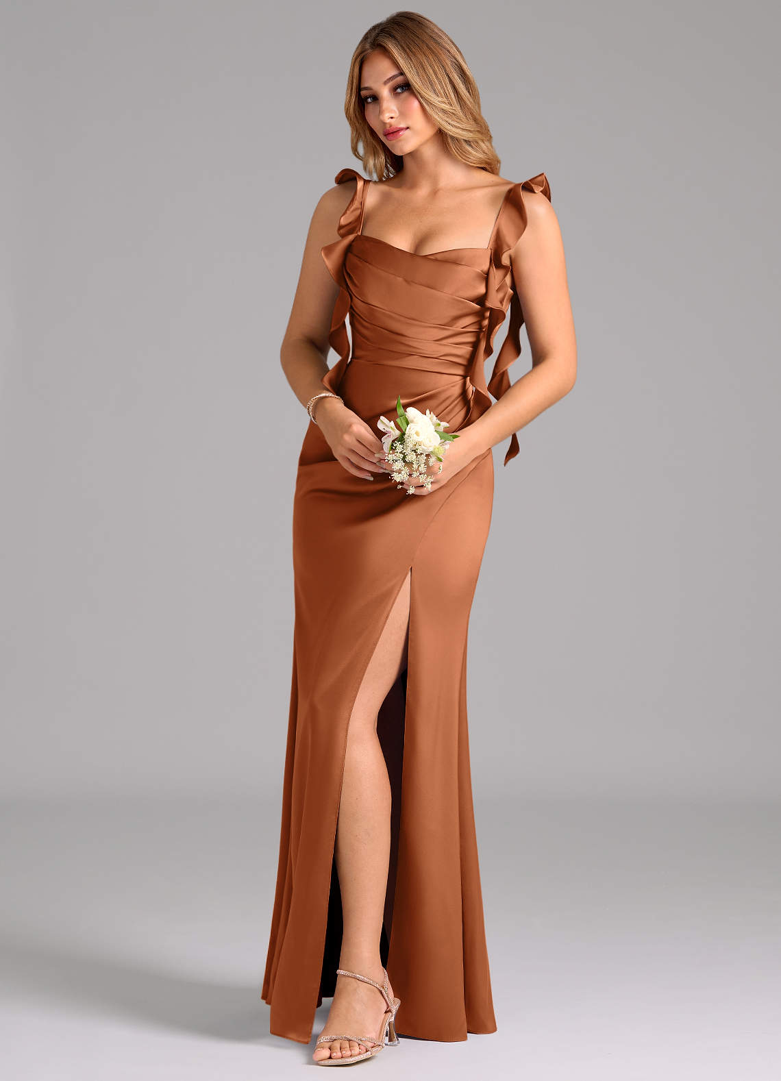 Azazie Jessamine Bridesmaid Dresses Copper A-Line Corset Stretch Satin Dress image1