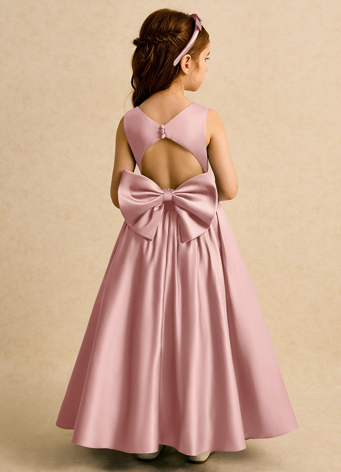 Azazie Nellia Robe Demoiselle D'honneur Fillette Robe Trapèze en Mat Satiné Arc Or Rose image1