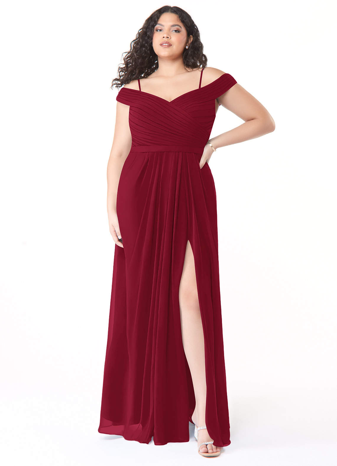 Azazie Audrianna Bridesmaid Dresses Burgundy A-Line Off-The-Shoulder Gathered Chiffon Convertible Dress image1
