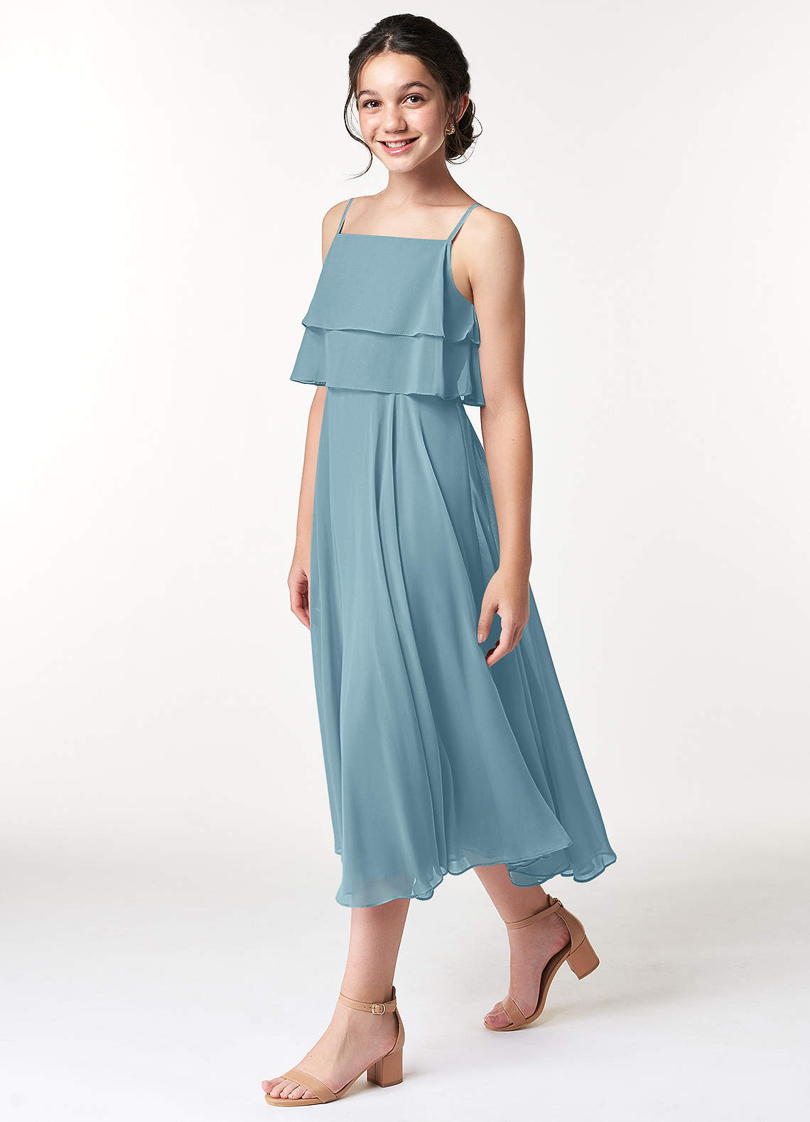Azazie Ensley Junior Abito A-Line in Chiffon Plissettato Blu Lunatico image2