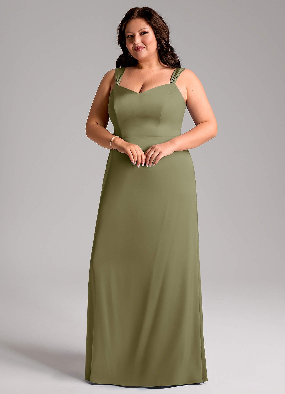 Azazie Denice Vestidos de damas de honor Vestido de Pistacho de Satén Elástico de Corte Recto con Plisado image1
