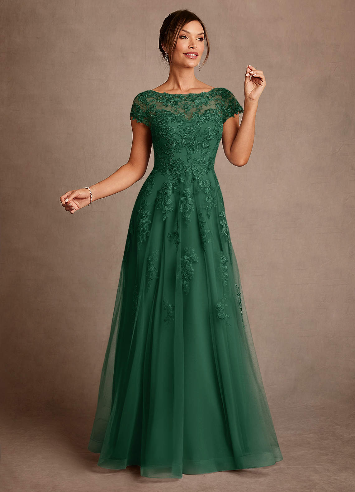 Azazie Jalinda vestidos de madre de la novia Vestido de Verde Oscuro de Gasa de Corte en A con Encaje image2