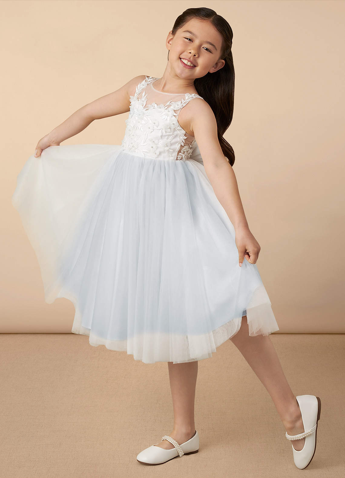 Azazie Junabee Ivory Dusty Blue A-Line Lace Tulle Dress | Azazie