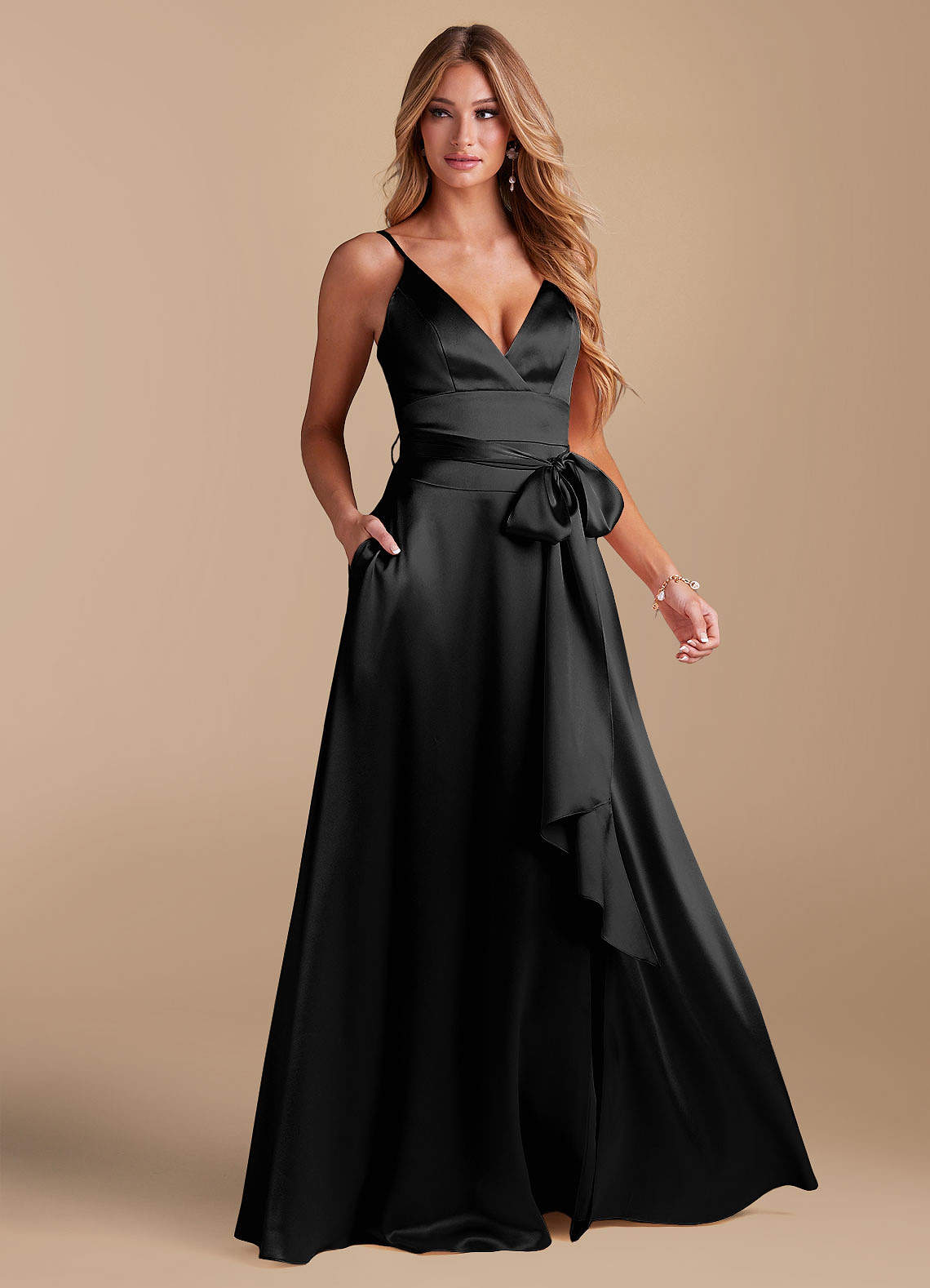 Azazie Sophia Bridesmaid Dresses Black A-Line with Pockets Metallic Satin Dress image1