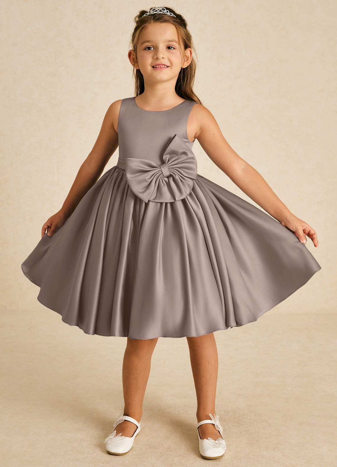 Azazie Apple Flower Girl Dresses Taupe A-Line Bow Matte Satin Dress image1
