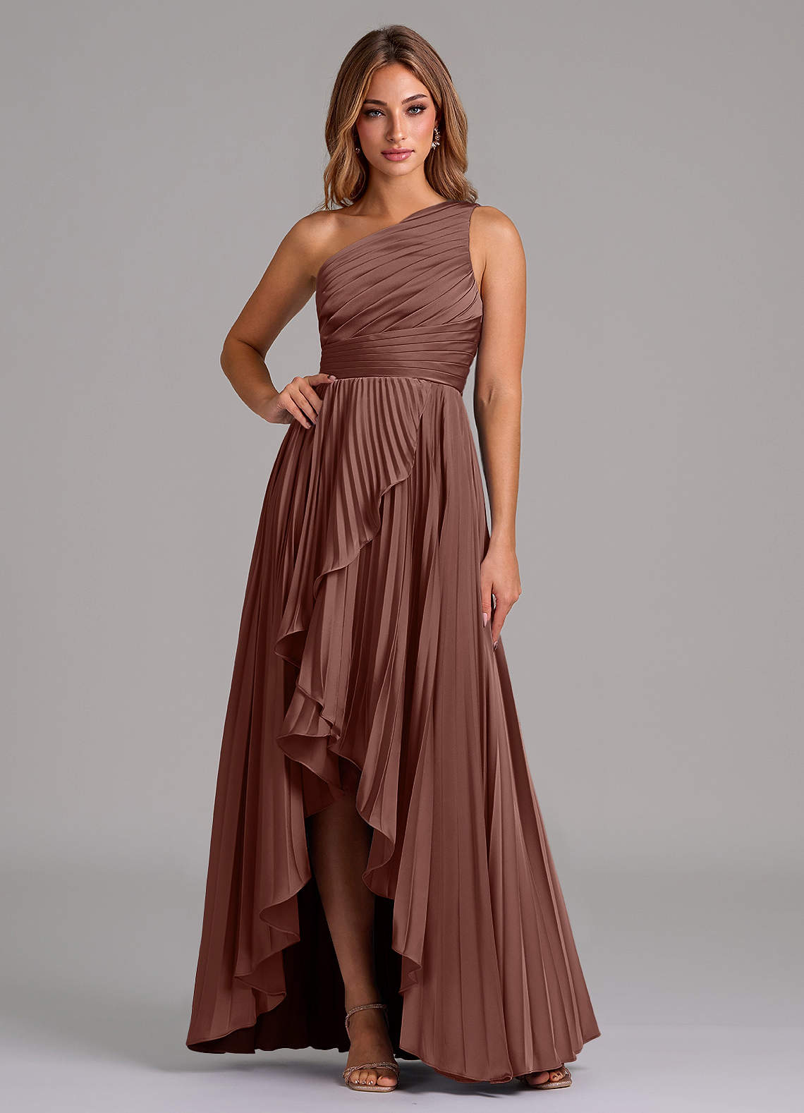 Azazie Lyrica Bridesmaid Dresses Espresso A-Line One Shoulder Stretch Satin Dress image1