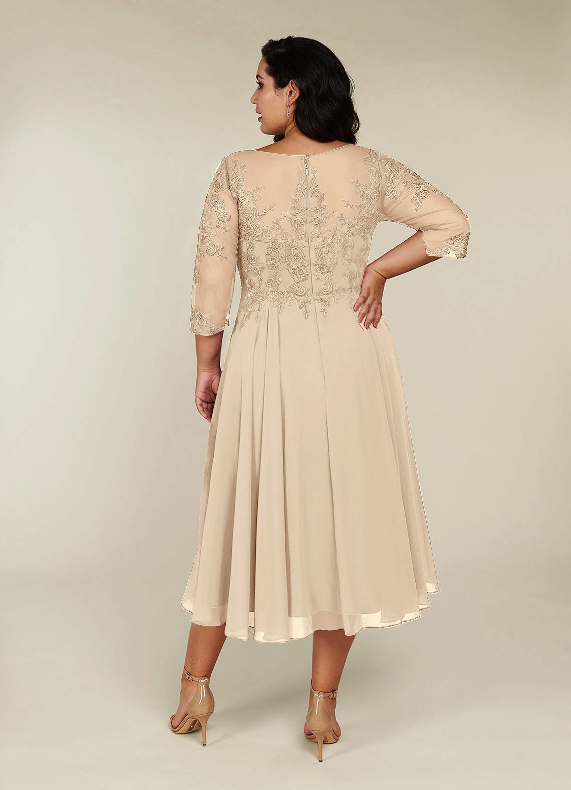 A-Line Lace Applique Chiffon Tea-Length Dress Sage main image 0