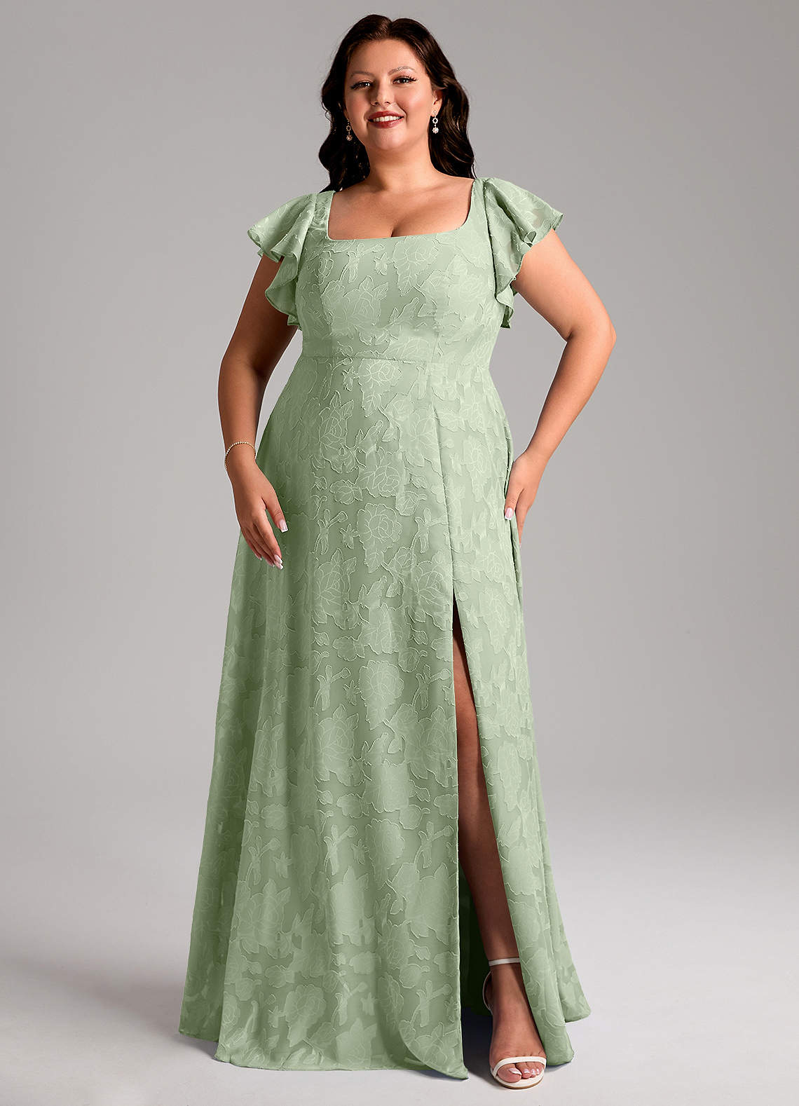 Azazie Bondi Bridesmaid Dresses Dusty Sage A-Line Side Slit Floral Burnout Dress image9