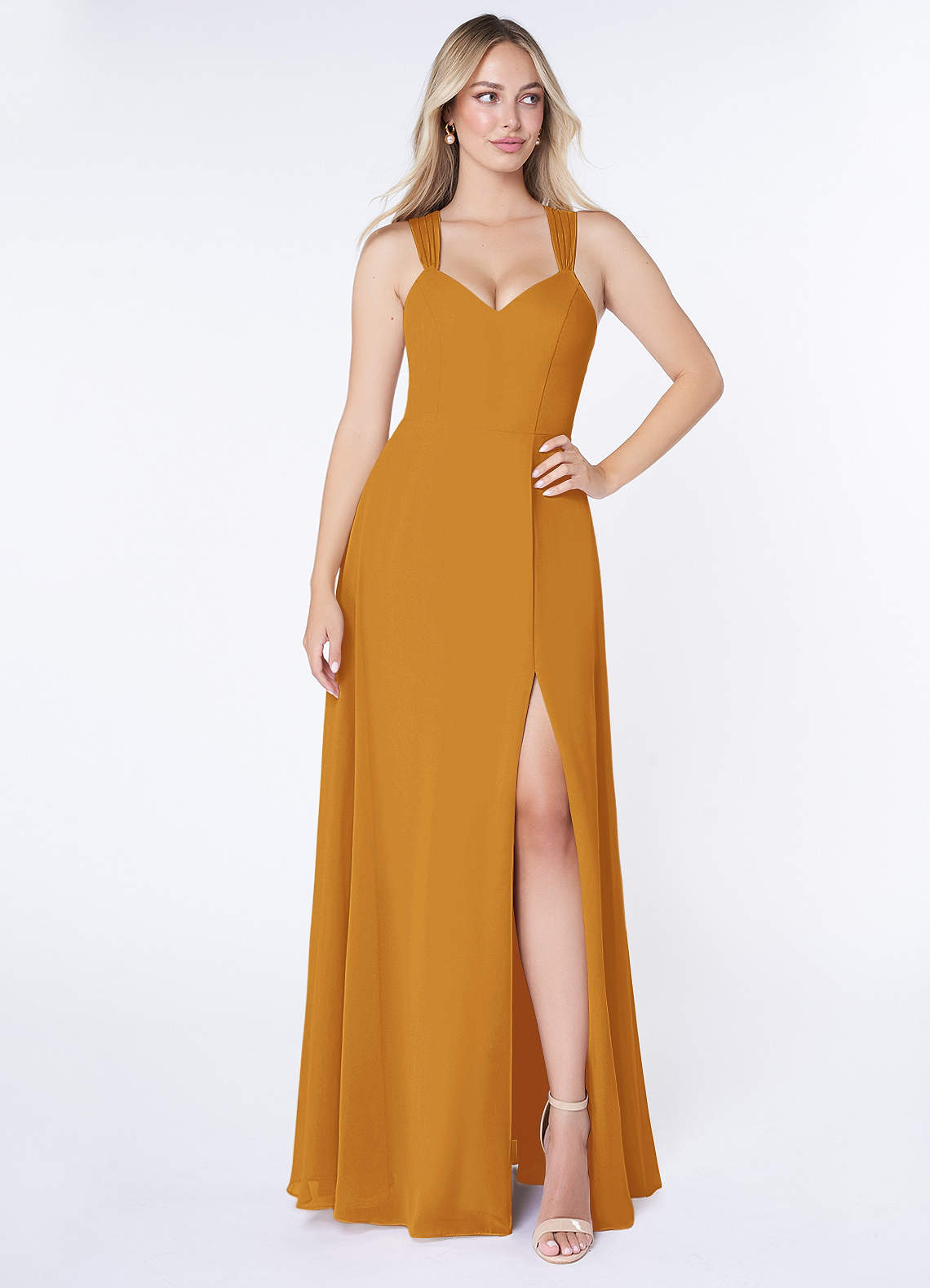 Azazie Jane Ready to Ship Butterscotch Chiffon Bridesmaid Dresses | Azazie Azazie Jane Ready to Ship Butterscotch Chiffon Bridesmaid Dresses | Azazie