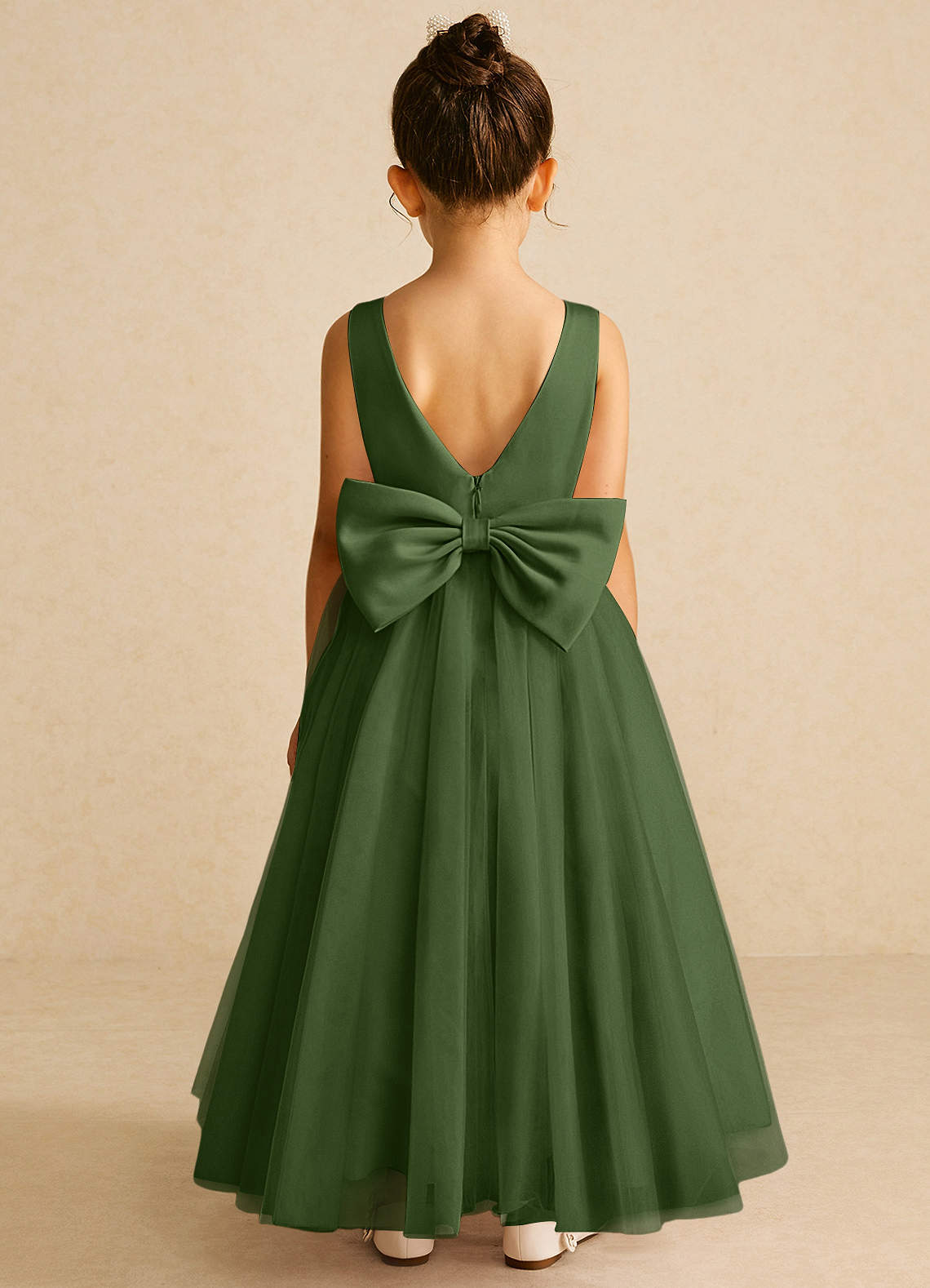 Azazie Pumpkin Flower Girl Dresses Olive A-Line Convertible Tulle Dress image5