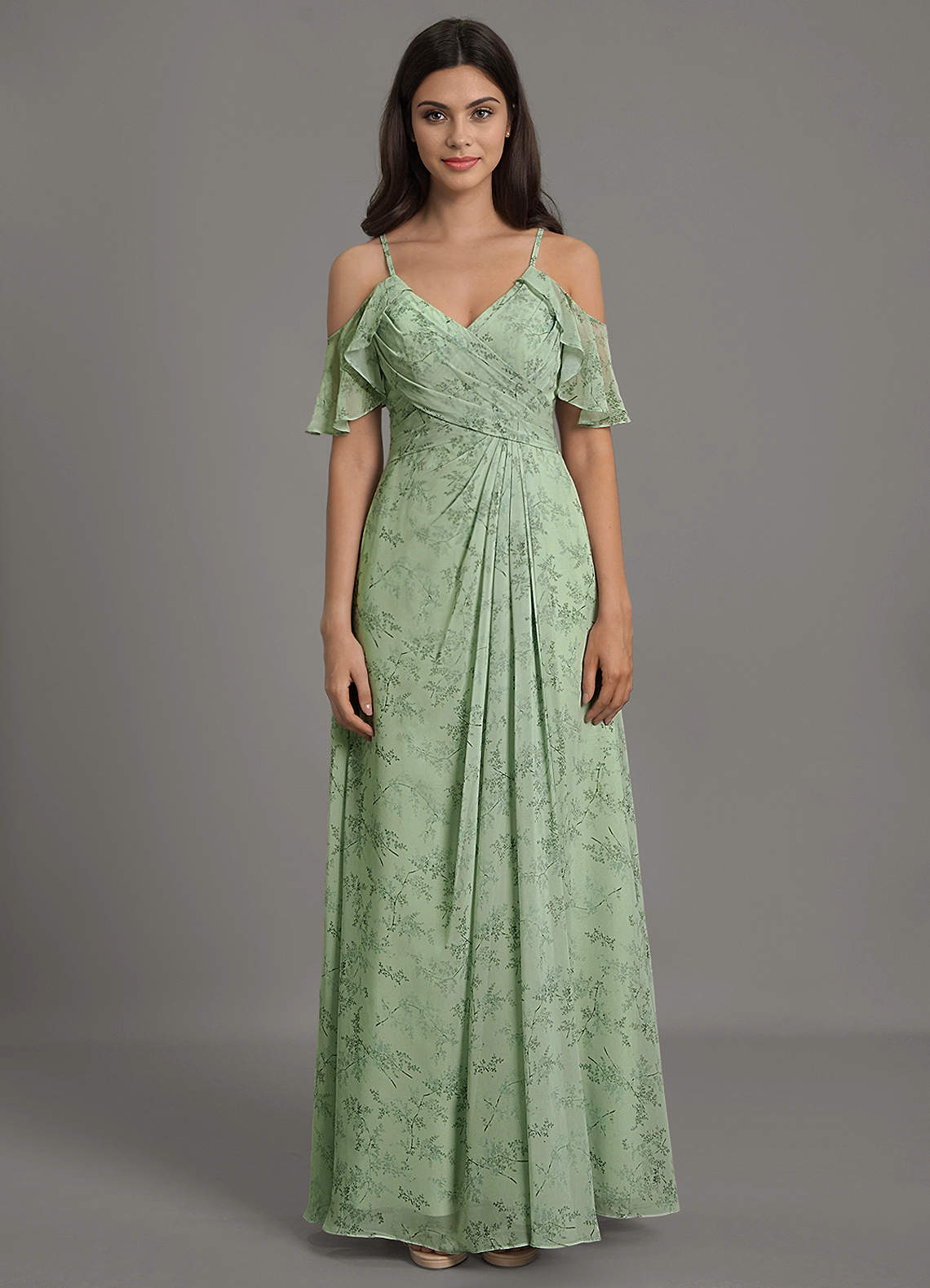 Azazie Dakota Bridesmaid Dresses Green Fern Floral A-Line V-Neck Pleated Chiffon Dress image1