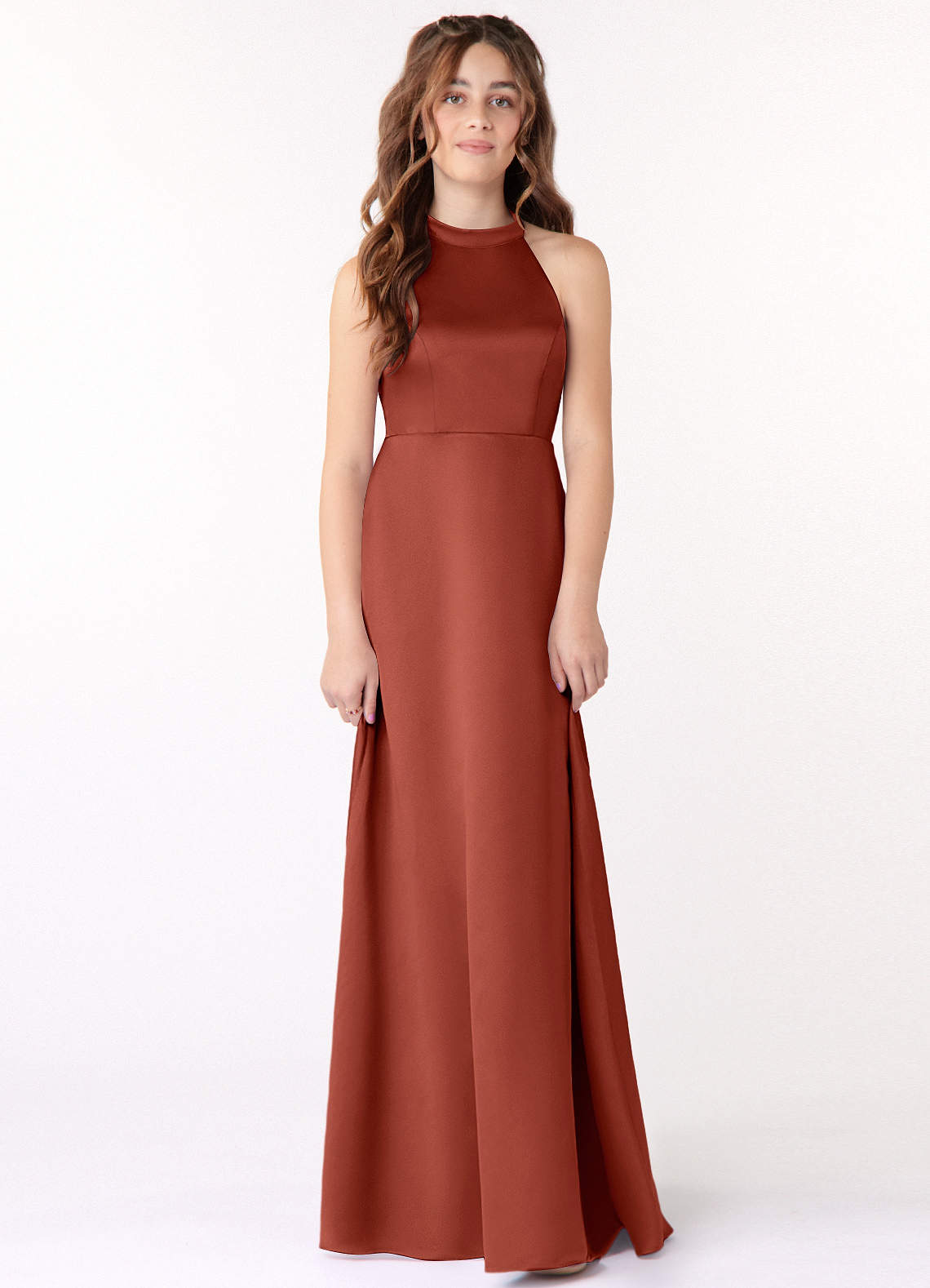 Azazie Laurel Junior Terracotta A-Line Stretch Satin Dress image1