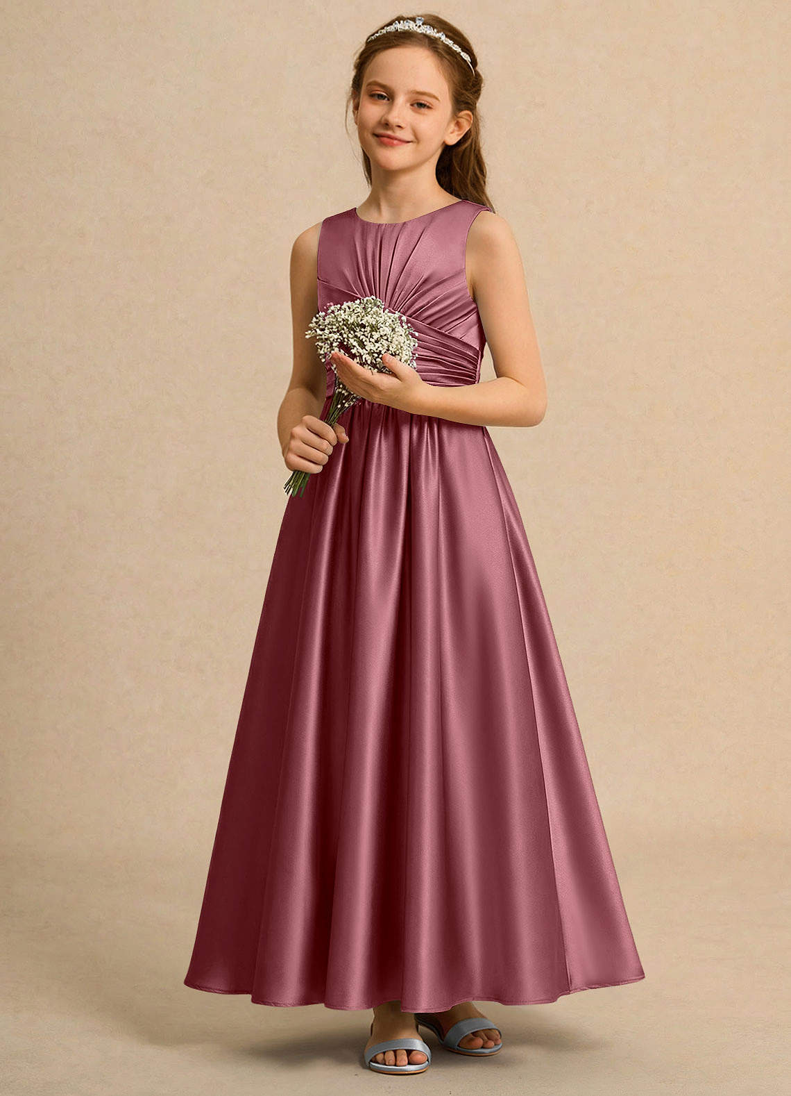 Azazie Ducky Girls Formal vestidos de niña de las flores Vestido de Rosa Del Desierto de Satén Elástico de Corte en A con Plisado image4