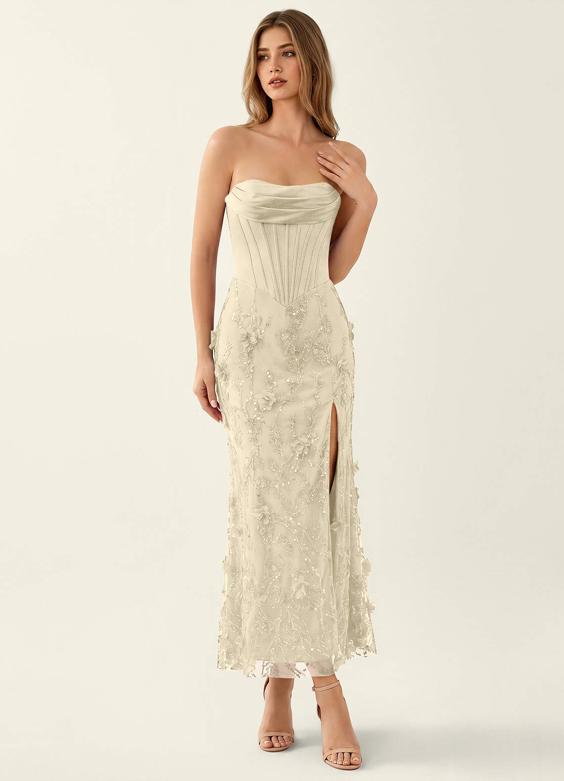 pastel lace maxi dress Women's Solenne A-line V-Neck Chantilly Lace Maxi Dress S/M/L/Customize Beige Champagne Floral MEAN BLVD S / Beige Champagne / Floral
