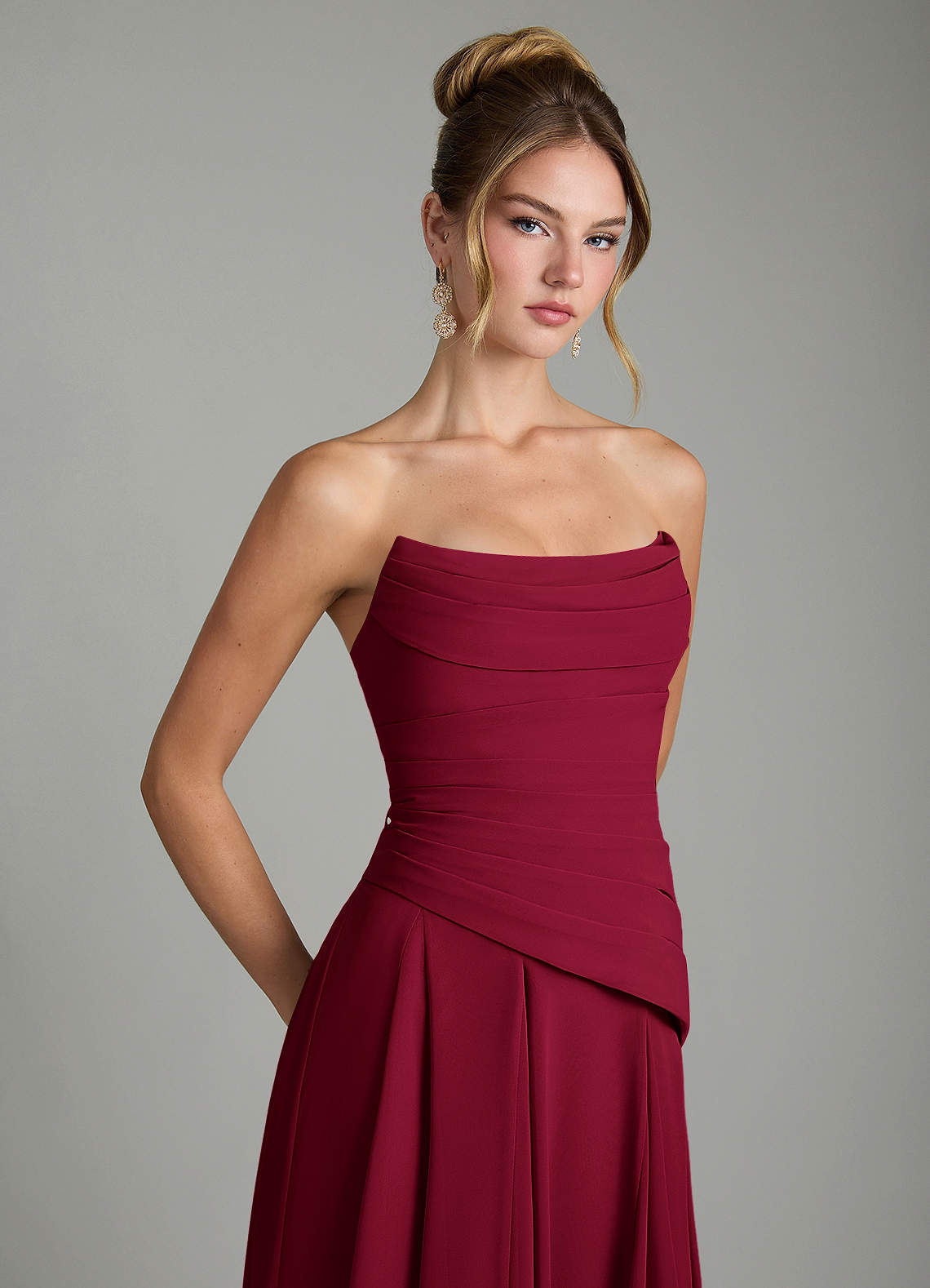 Azazie Gabriela At-home Try On Dresses Burgundy A-Line Corset Chiffon Dress image9