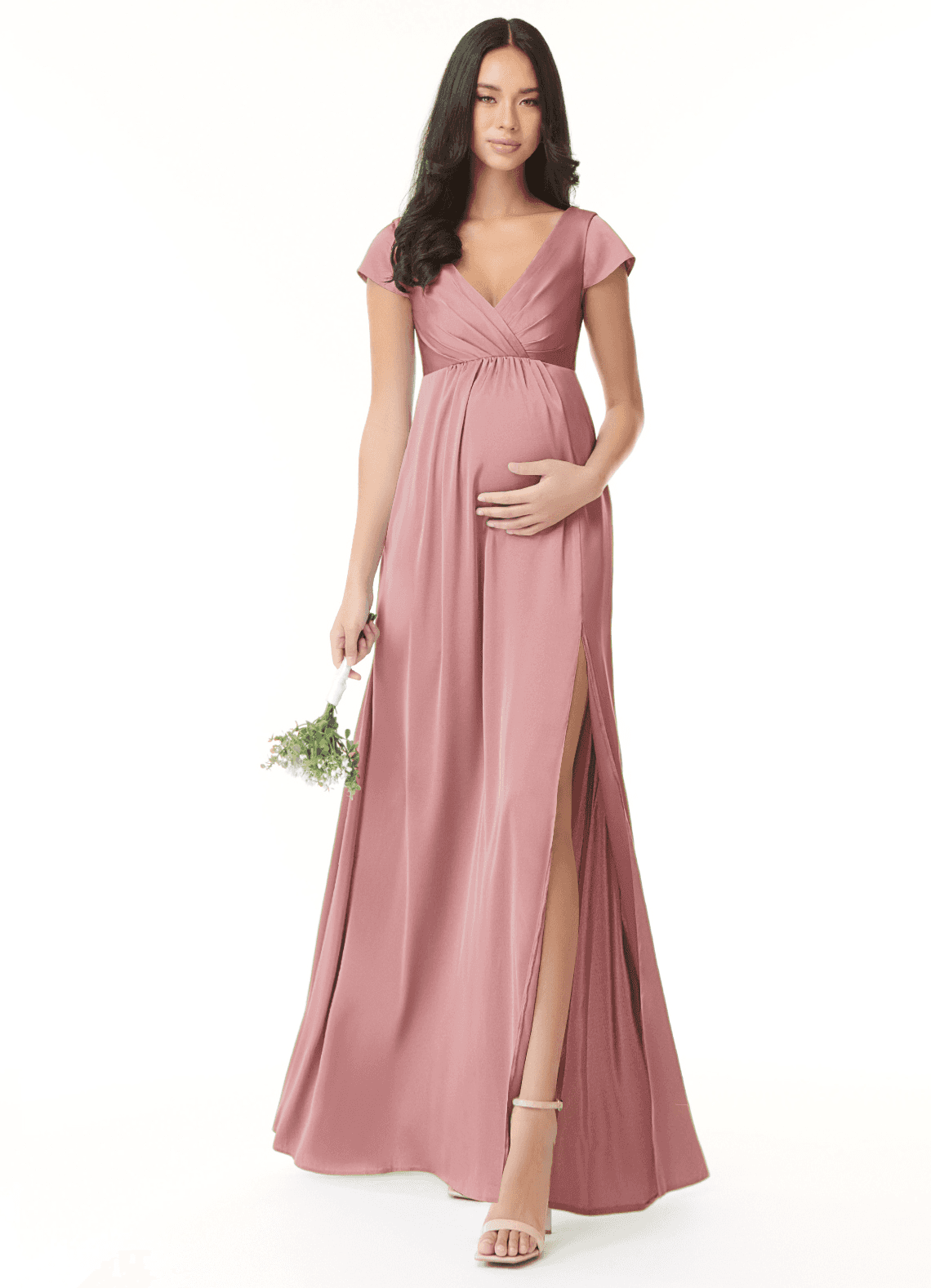 Azazie Allessia Maternity Bridesmaid Dresses A-Line Pleated Stretch Satin Floor-Length Dress image1