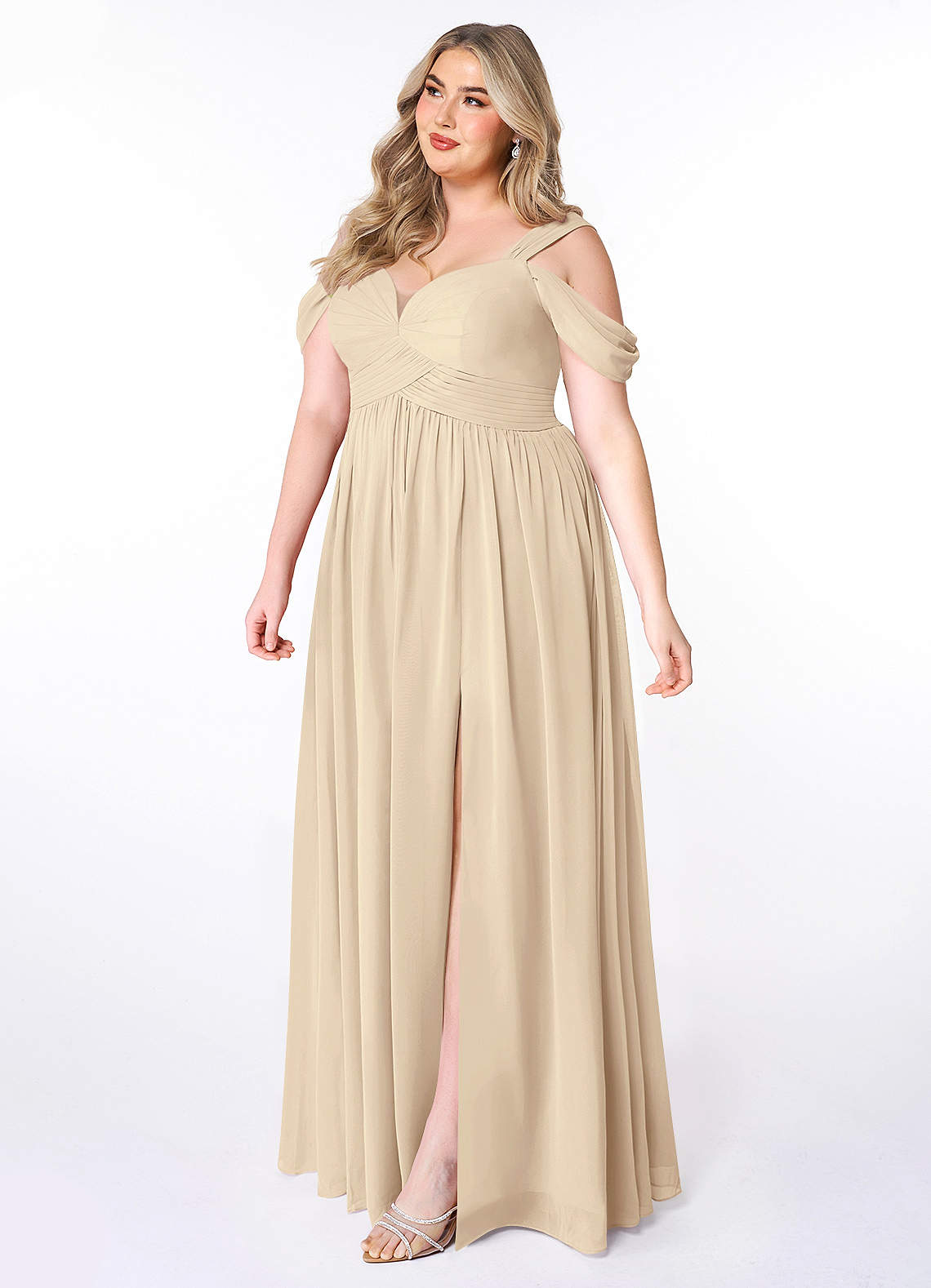 plus size champagne maxi dress Long Pleated Plus-Size Formal Dress with Long Sleeves Rose Gold / 18